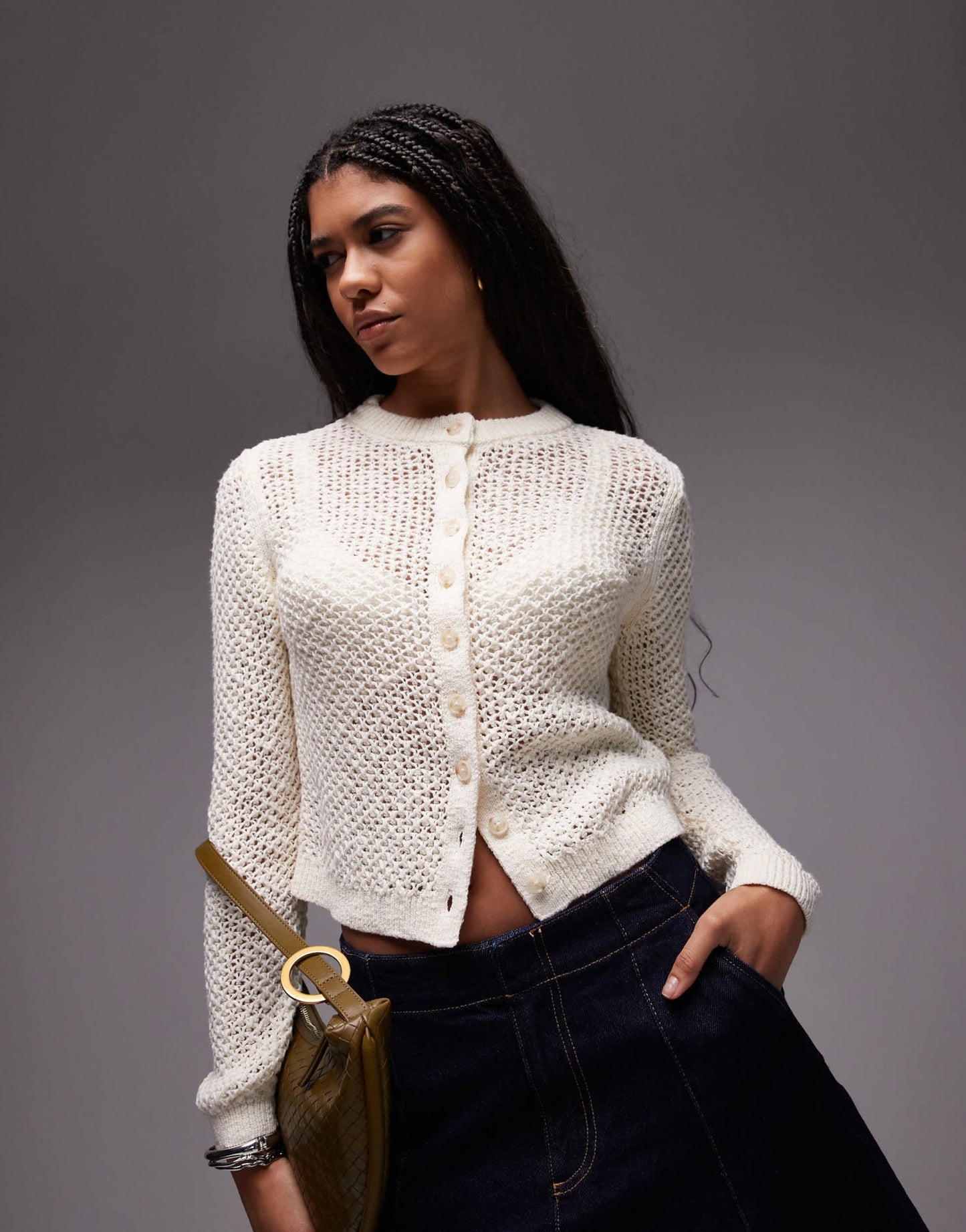 Topshop knitted stichy cardi in buttermilk - ASOS Sample Sale