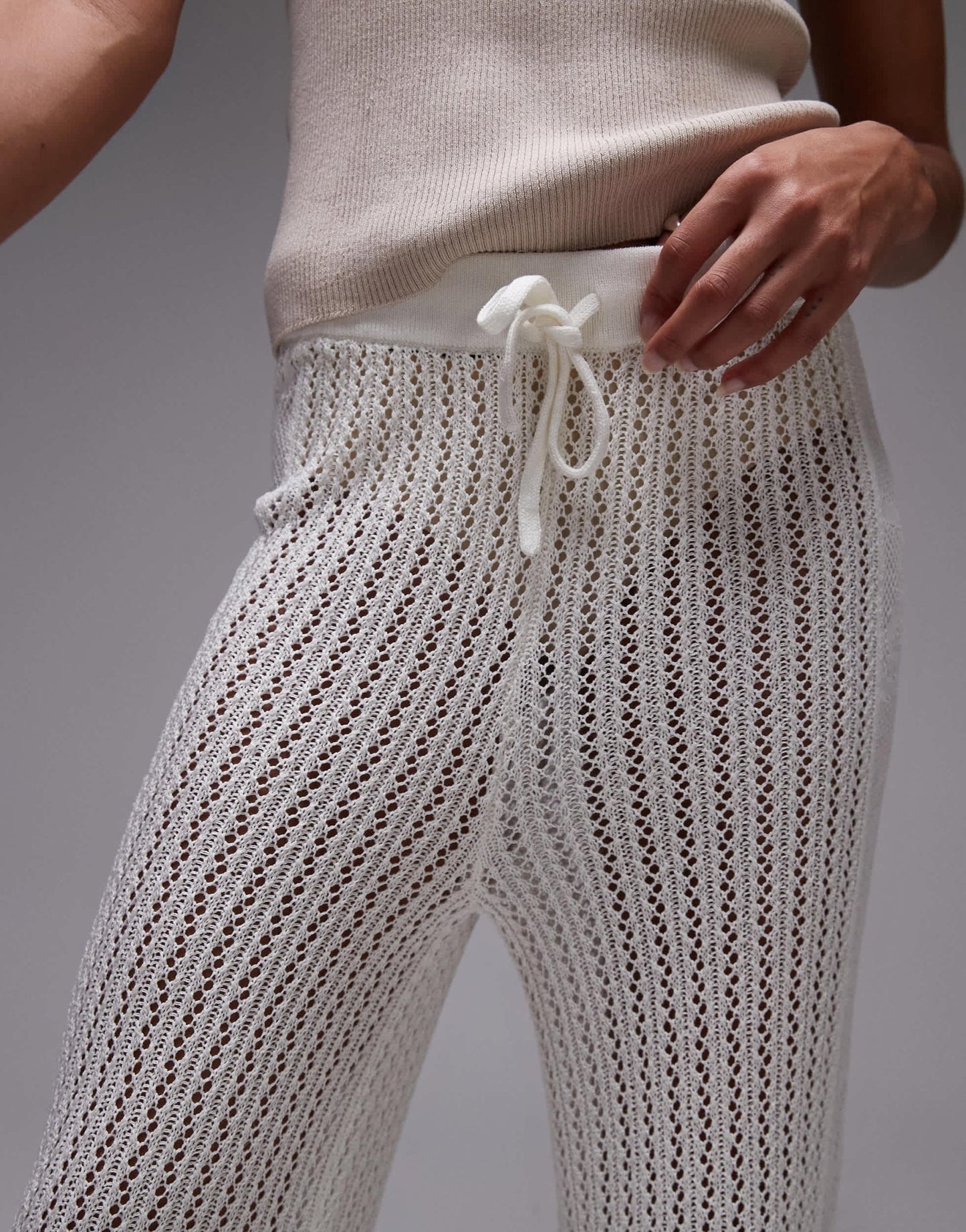 Topshop knitted stitchy trousers with embroided panel in cream - ASOS Sample Sale