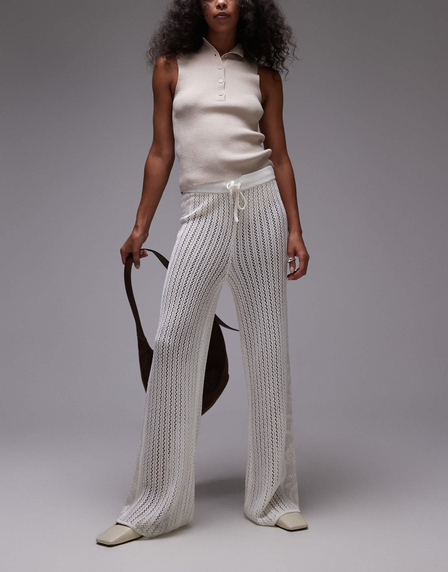 Topshop knitted stitchy trousers with embroided panel in cream - ASOS Sample Sale