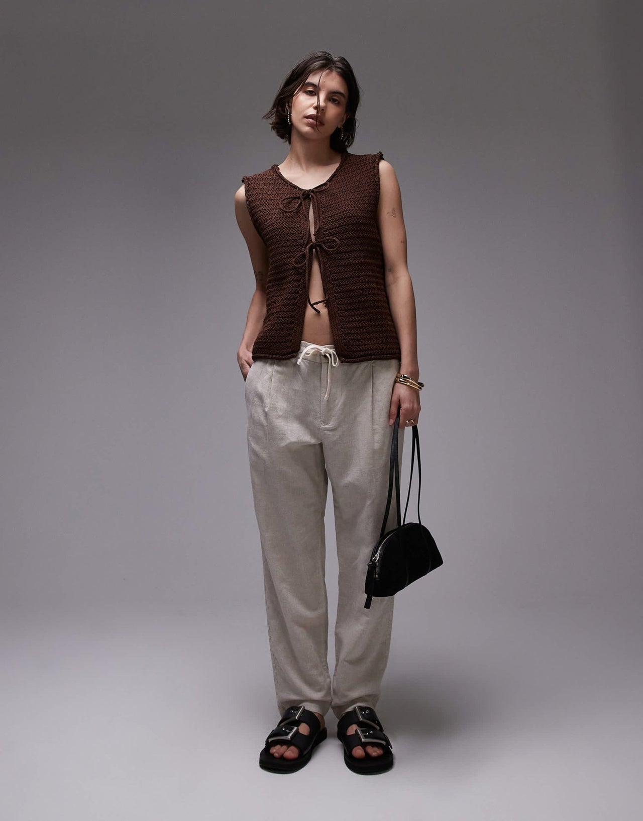 Topshop knitted tie front waistcoat in brown - ASOS Sample Sale