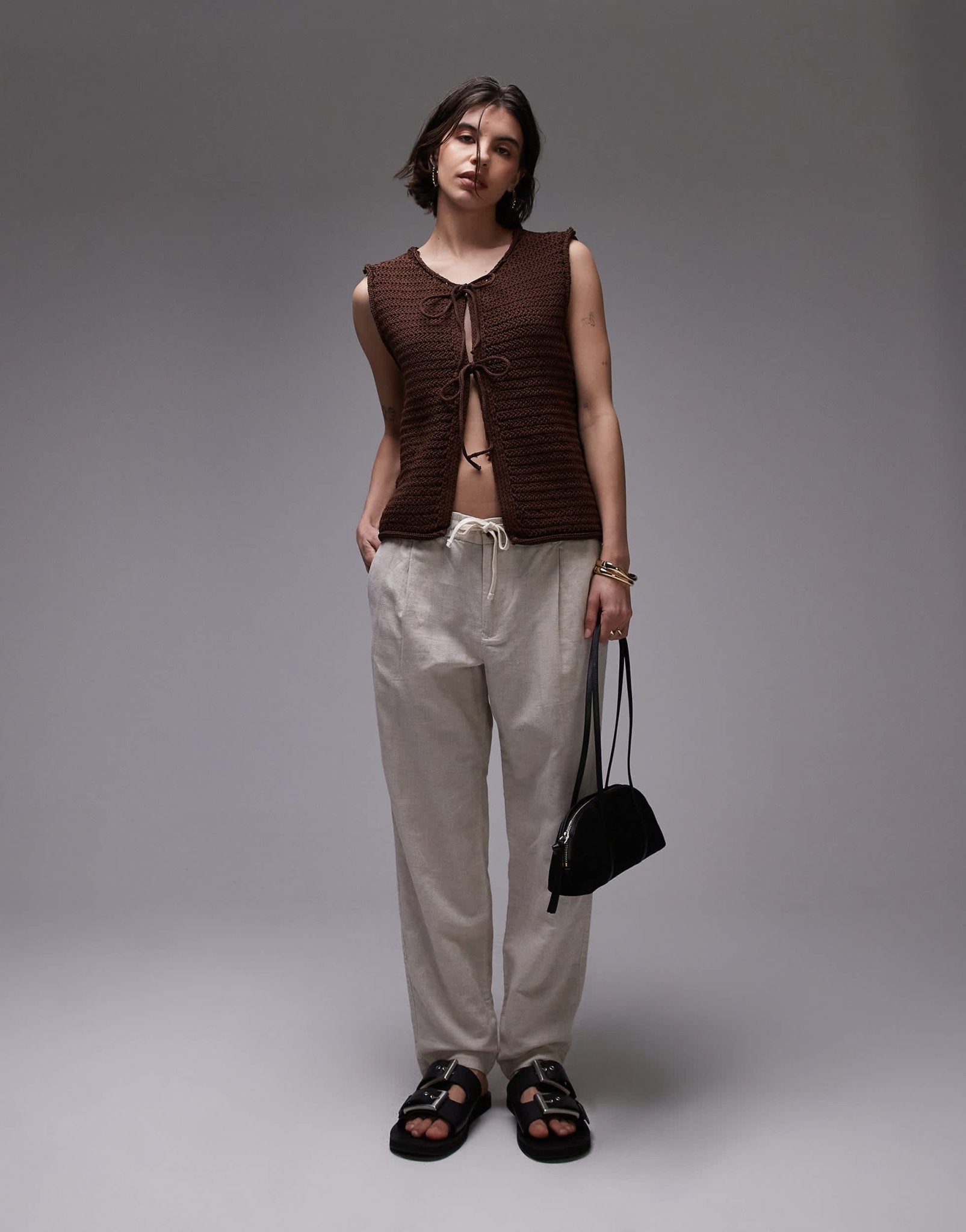 Topshop knitted tie front waistcoat in brown - ASOS Sample Sale
