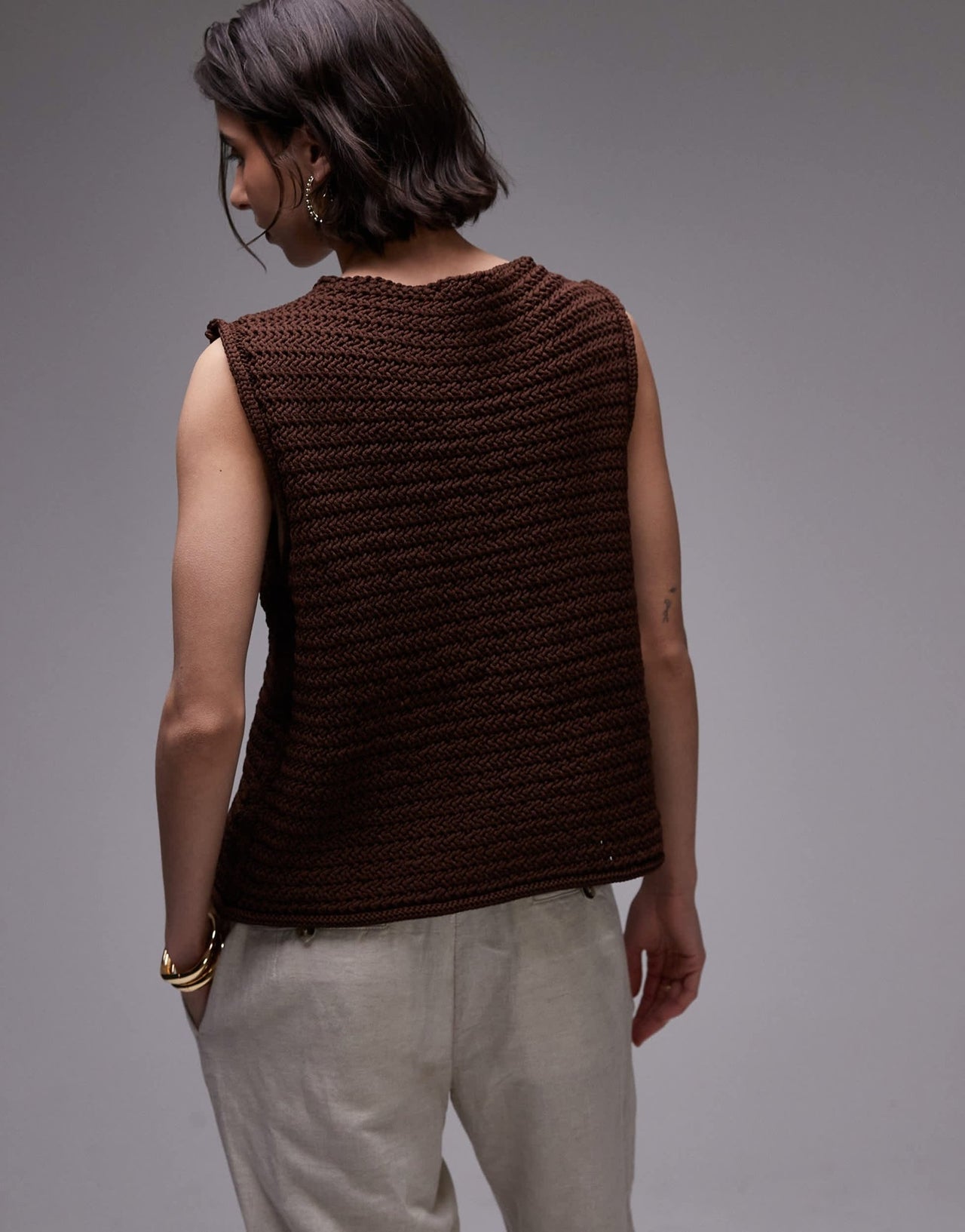 Topshop knitted tie front waistcoat in brown - ASOS Sample Sale