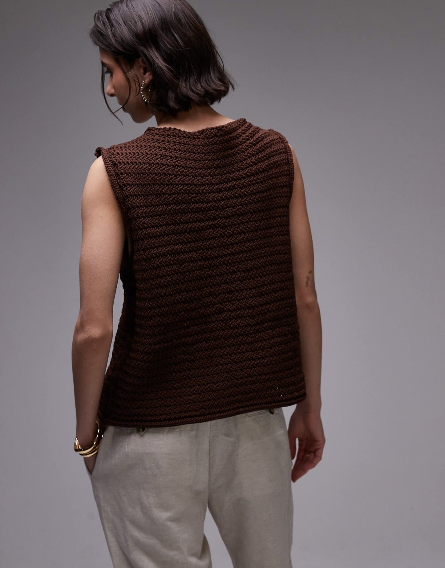 Topshop knitted tie front waistcoat in brown - ASOS Sample Sale