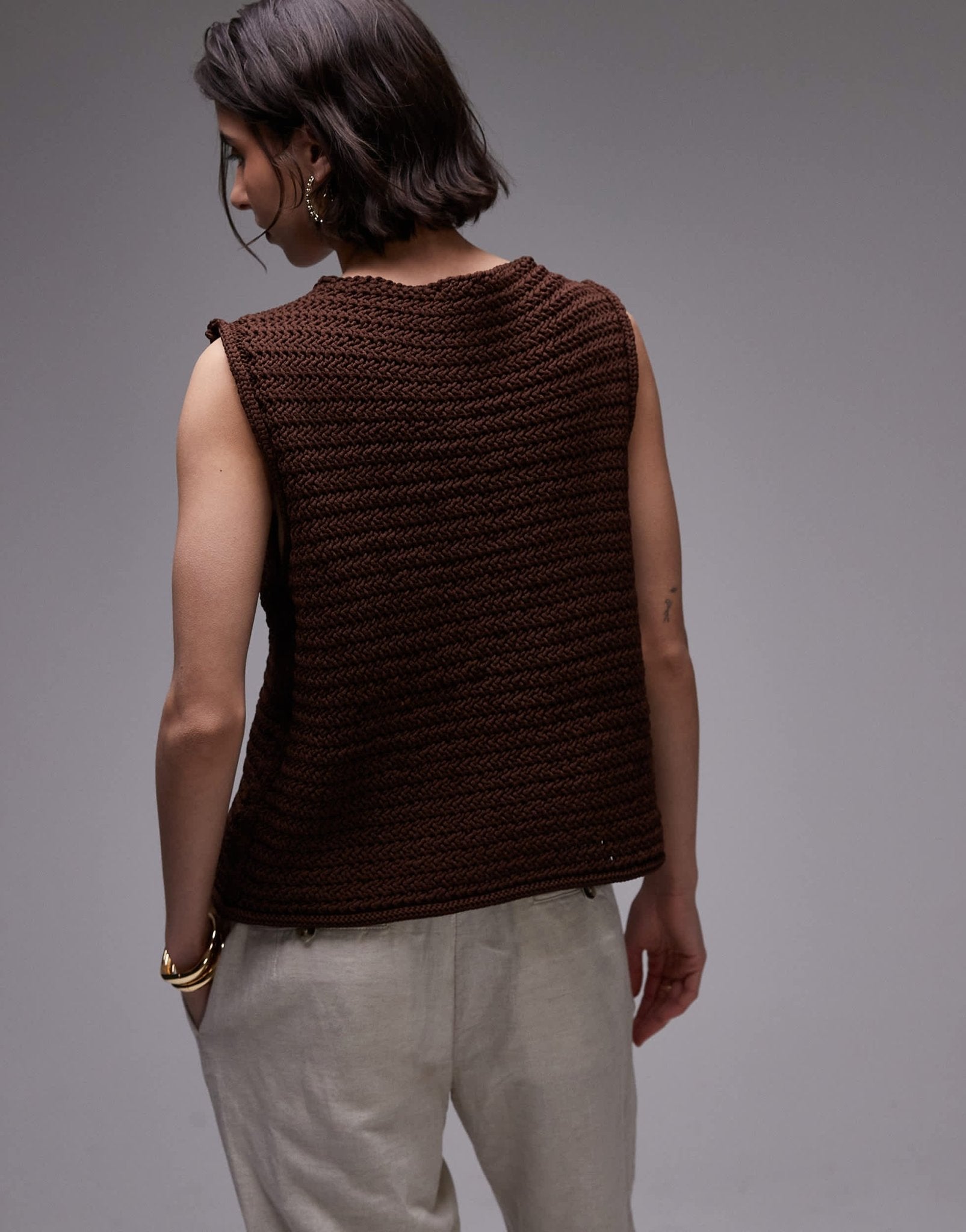 Topshop knitted tie front waistcoat in brown - ASOS Sample Sale