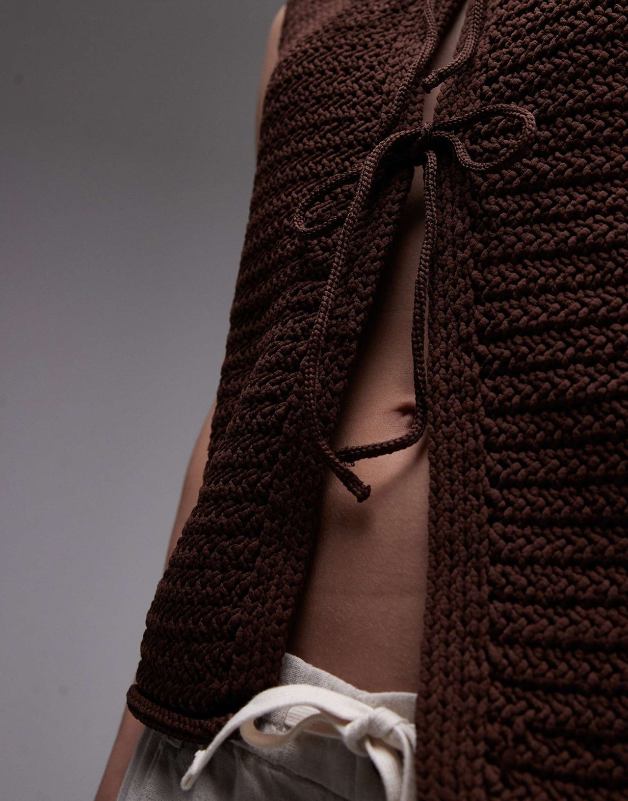 Topshop knitted tie front waistcoat in brown - ASOS Sample Sale