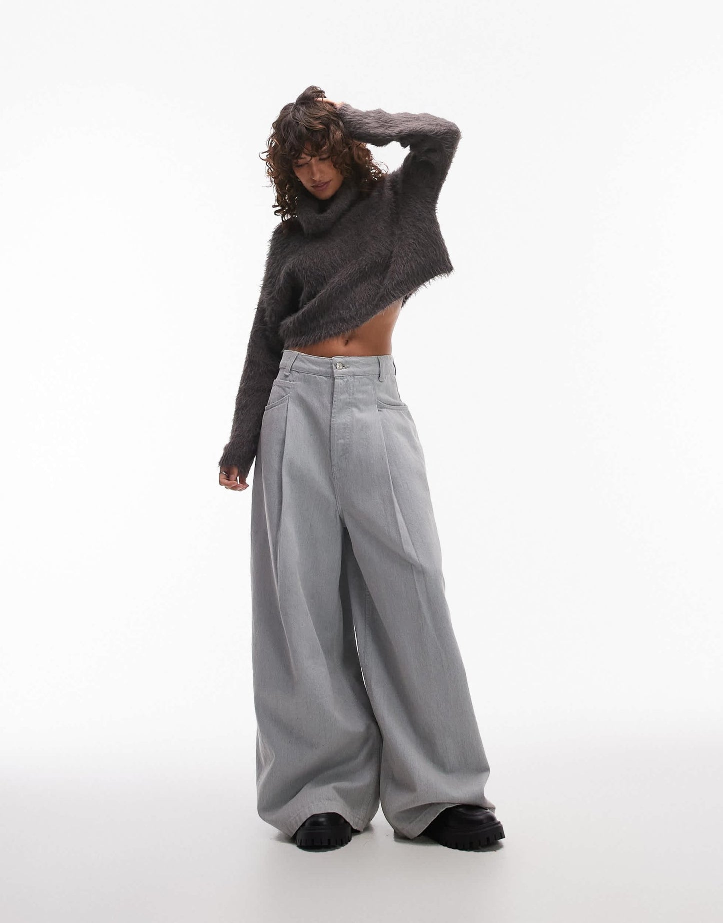 Topshop knitted ultra fluffy roll neck crop jumper in charcoal - ASOS Sample Sale