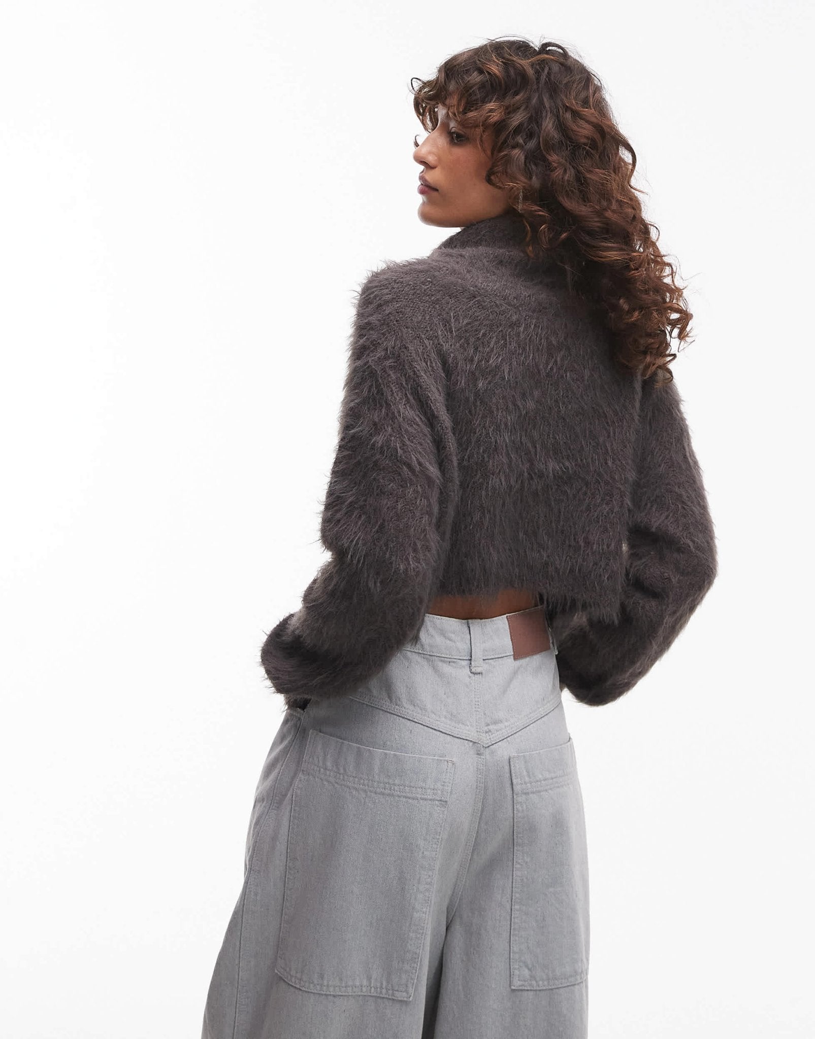 Topshop knitted ultra fluffy roll neck crop jumper in charcoal - ASOS Sample Sale