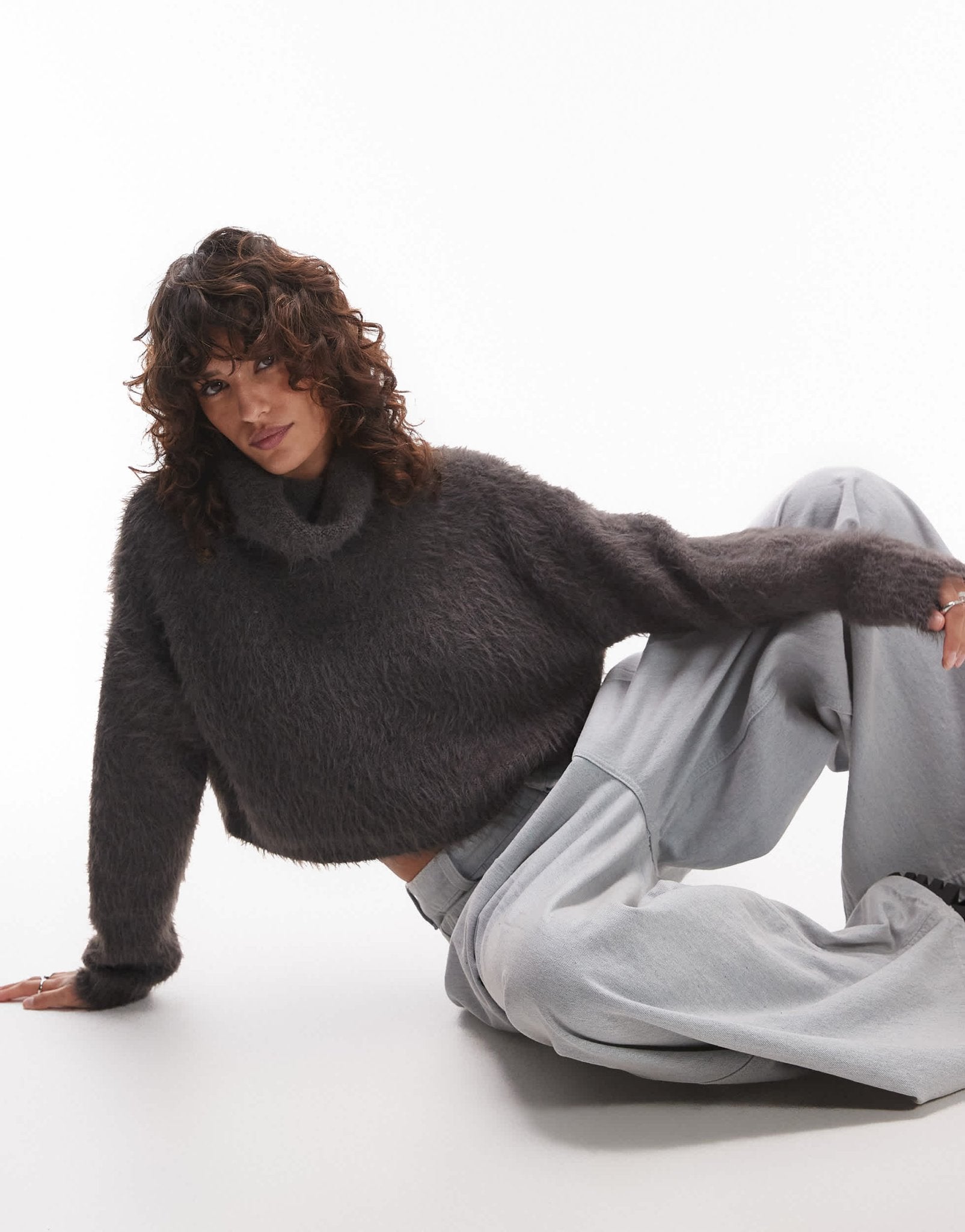 Topshop knitted ultra fluffy roll neck crop jumper in charcoal - ASOS Sample Sale