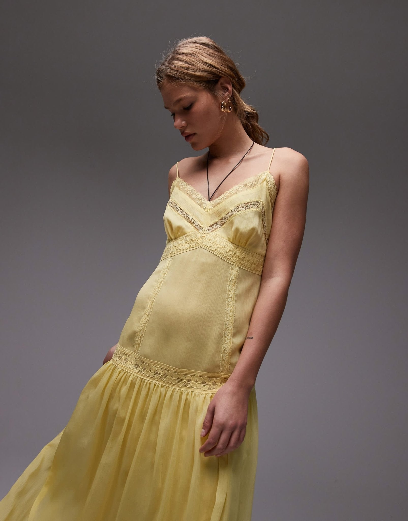 Topshop lace insert chiffon midi dress in yellow - ASOS Sample Sale
