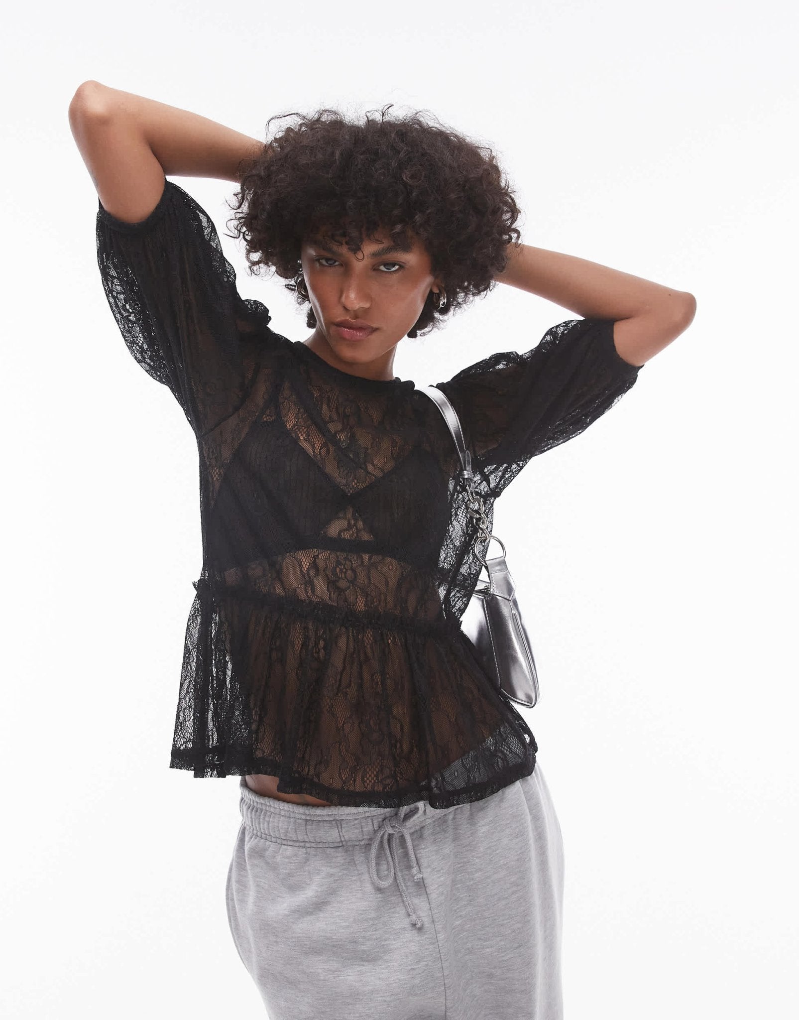 Topshop lace peplum top in black - ASOS Sample Sale