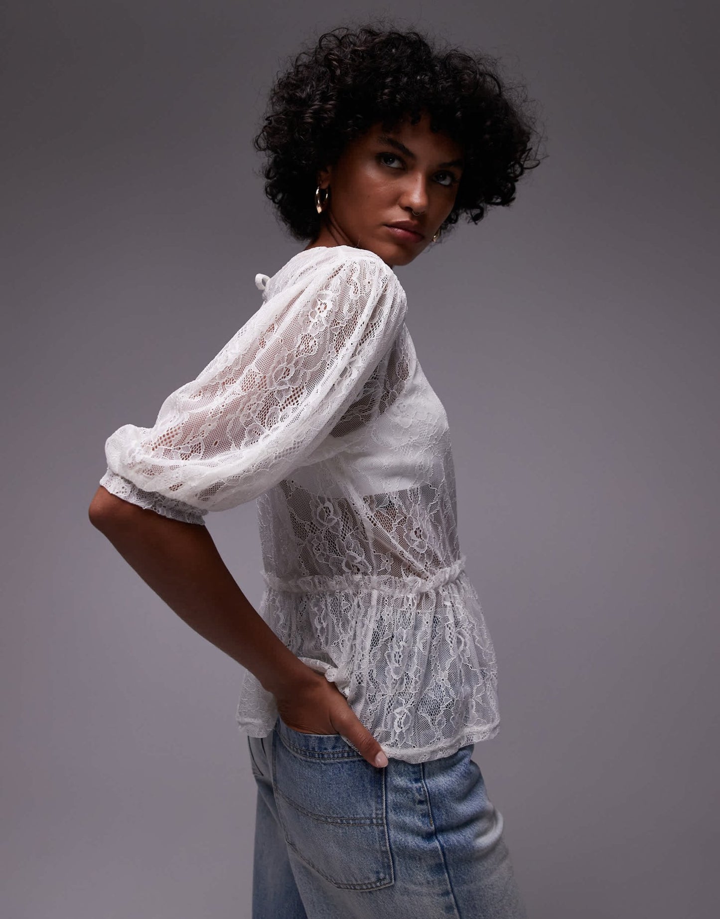 Topshop lace peplum top in ivory - ASOS Sample Sale