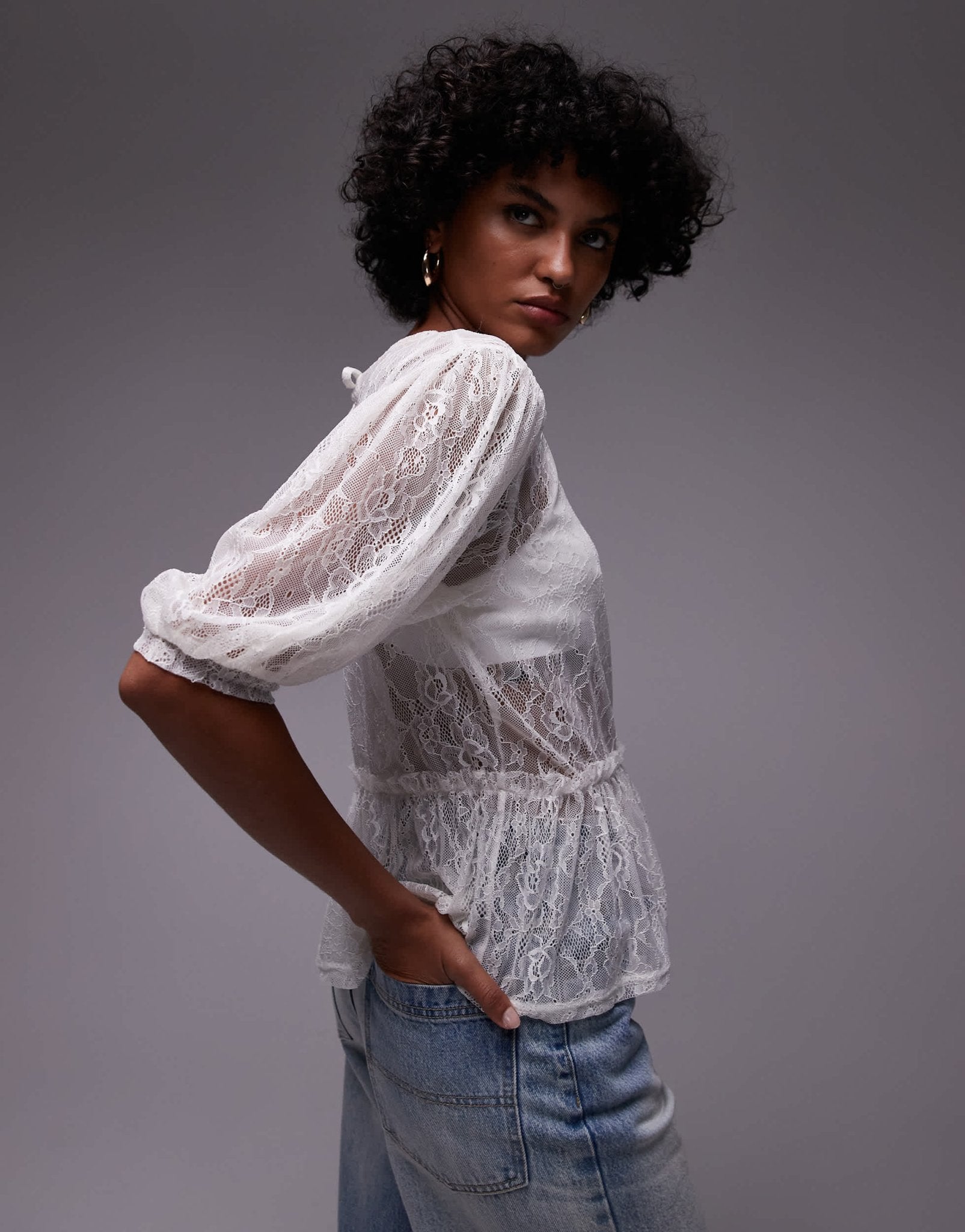 Topshop lace peplum top in ivory - ASOS Sample Sale