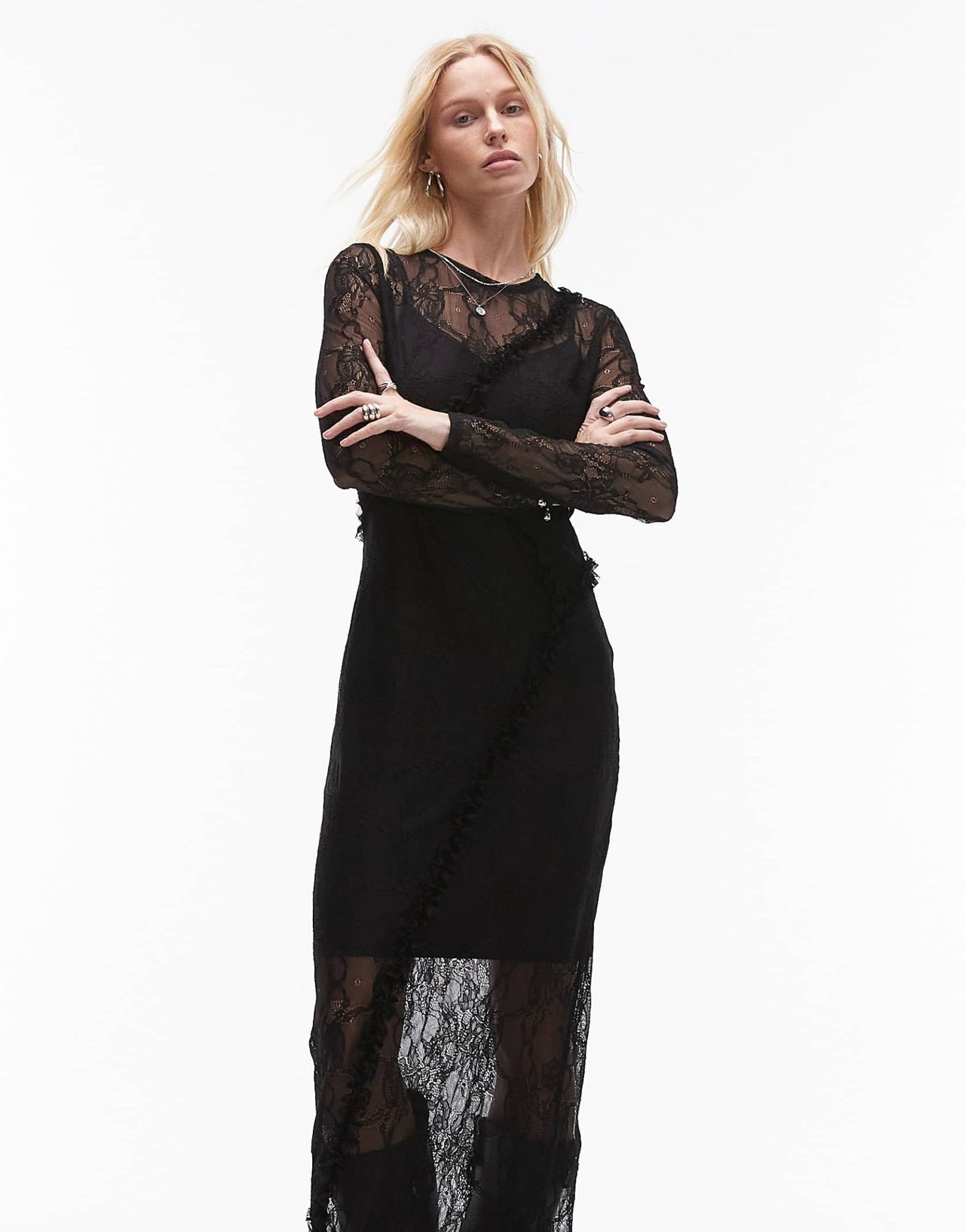 Topshop lace ruffle long sleeve maxi dress in black - ASOS Sample Sale