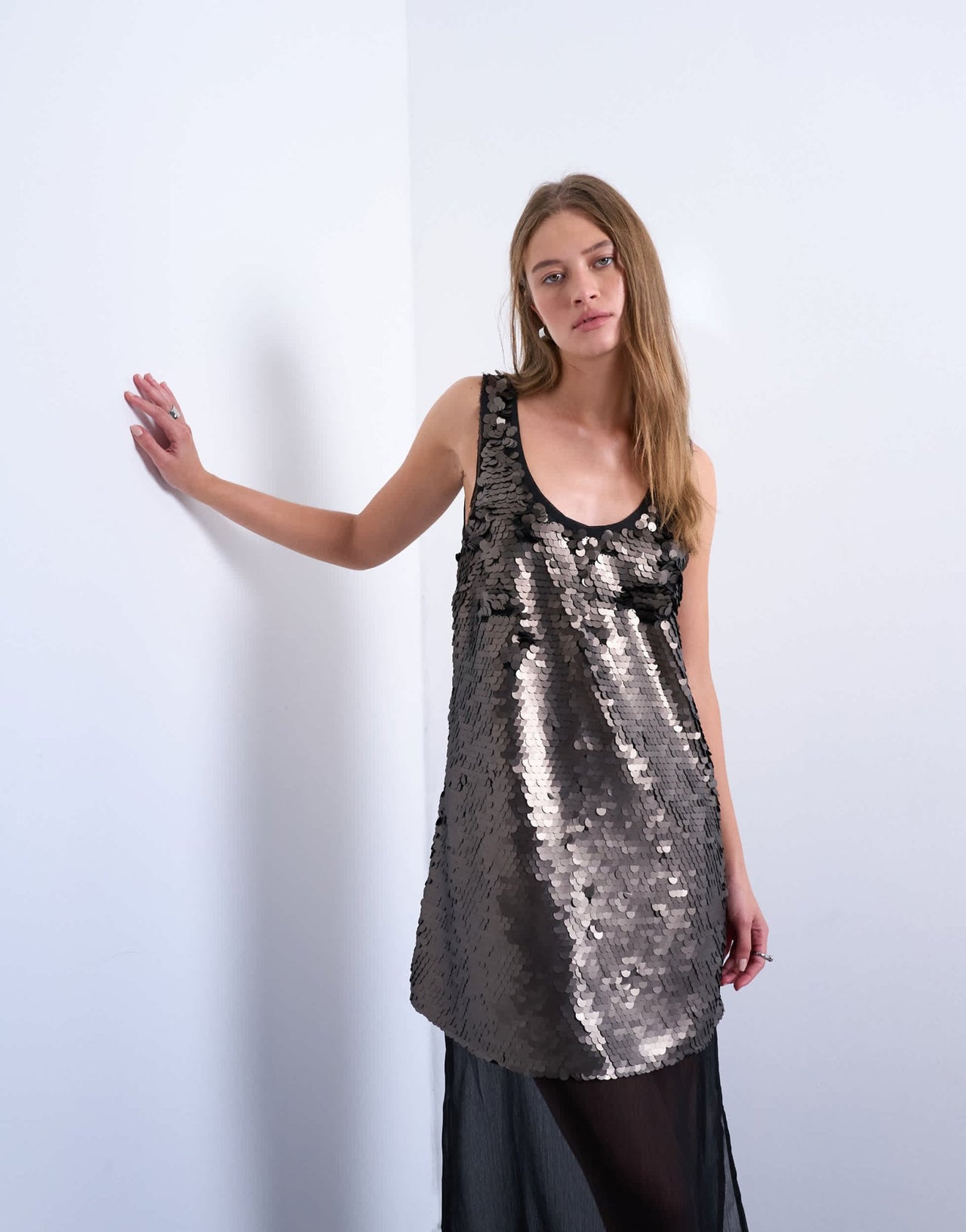 Topshop layered sheer sequin midi dress in pewter - ASOS Sample Sale