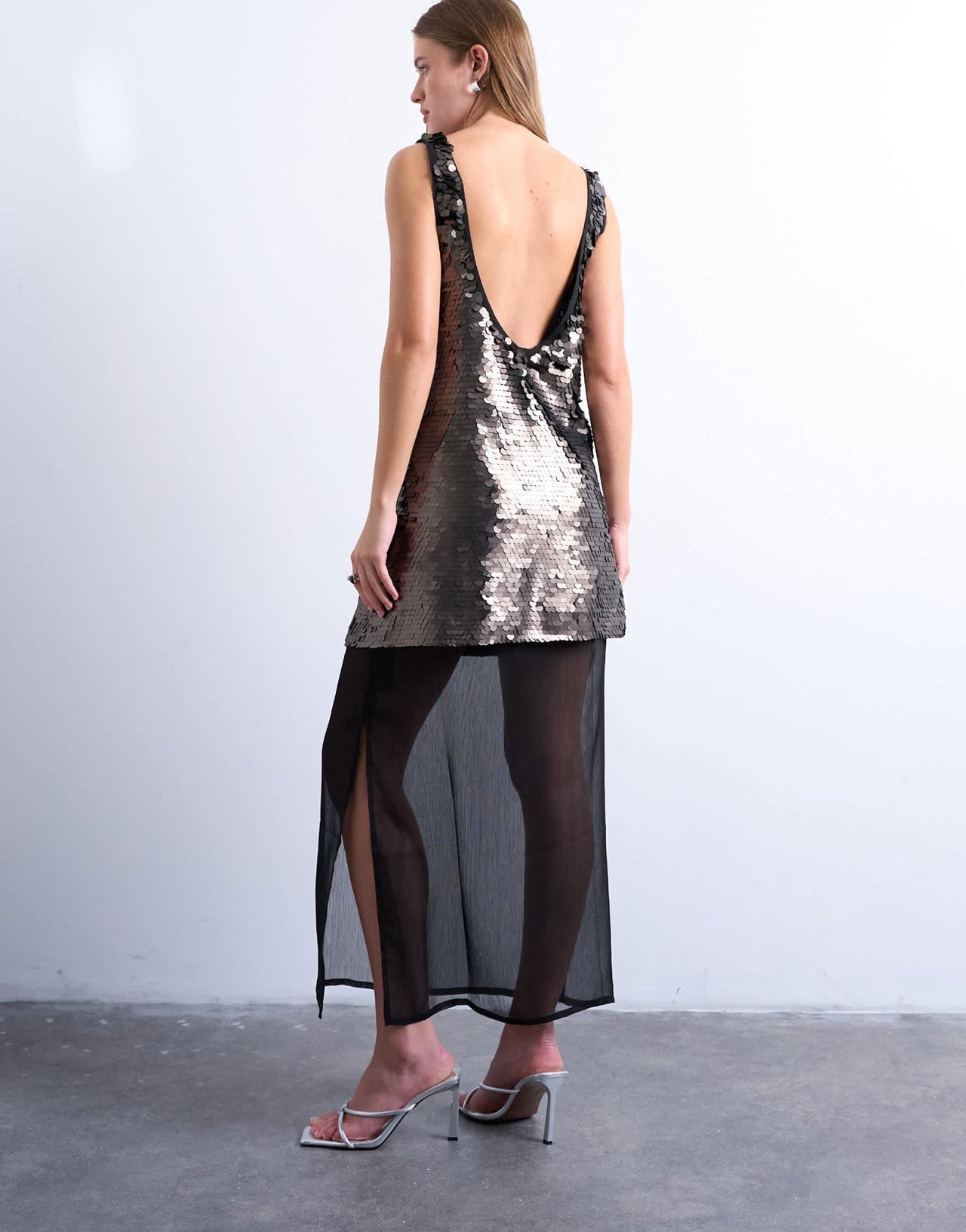 Topshop layered sheer sequin midi dress in pewter - ASOS Sample Sale