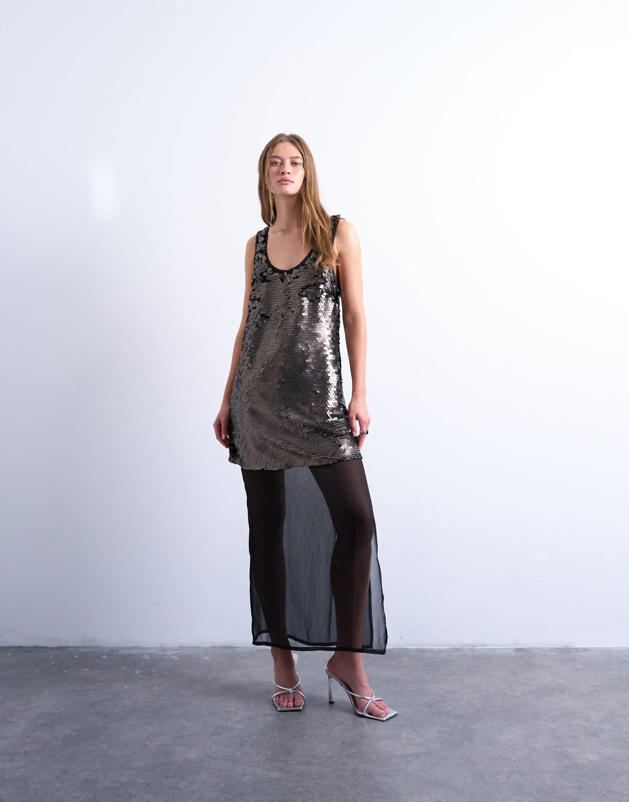 Topshop layered sheer sequin midi dress in pewter - ASOS Sample Sale