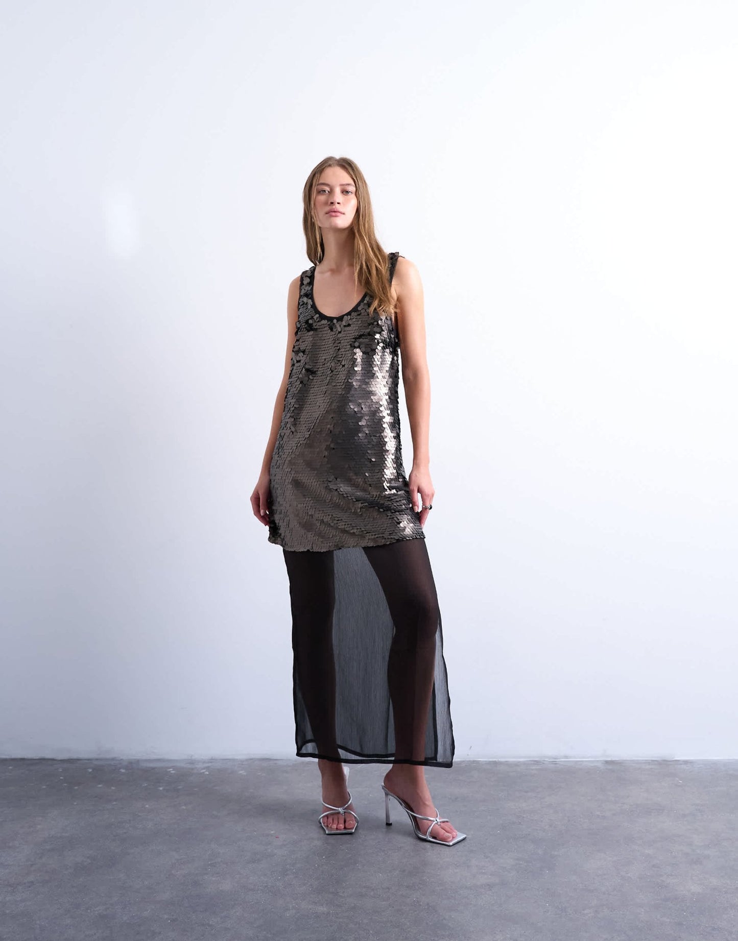 Topshop layered sheer sequin midi dress in pewter - ASOS Sample Sale