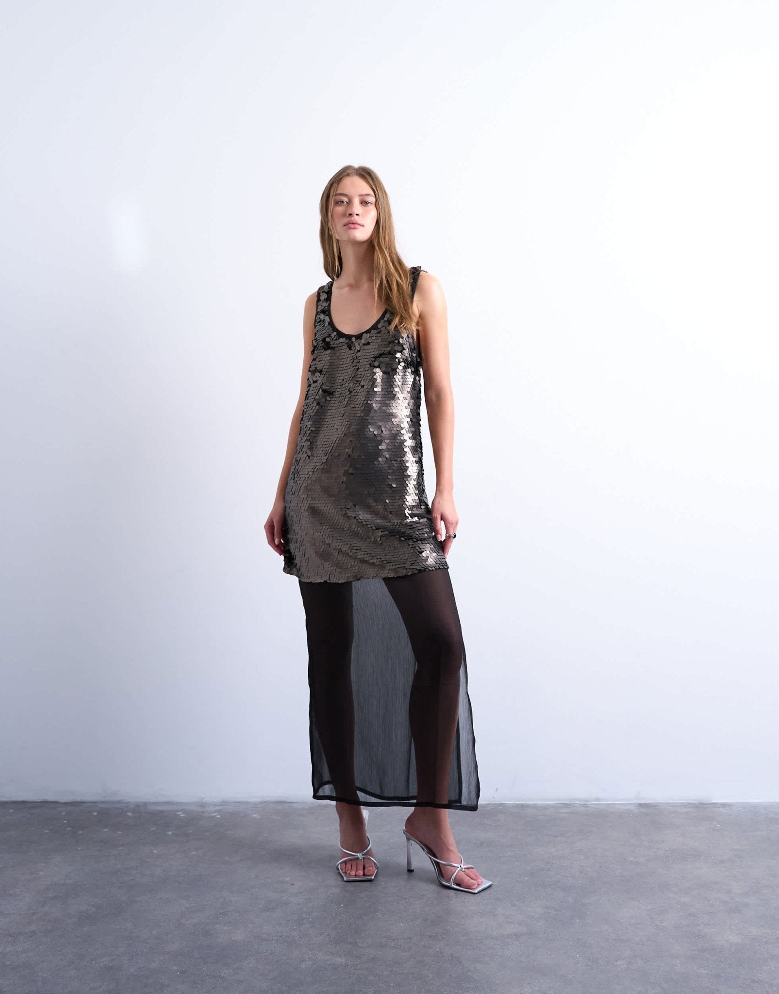Topshop layered sheer sequin midi dress in pewter - ASOS Sample Sale
