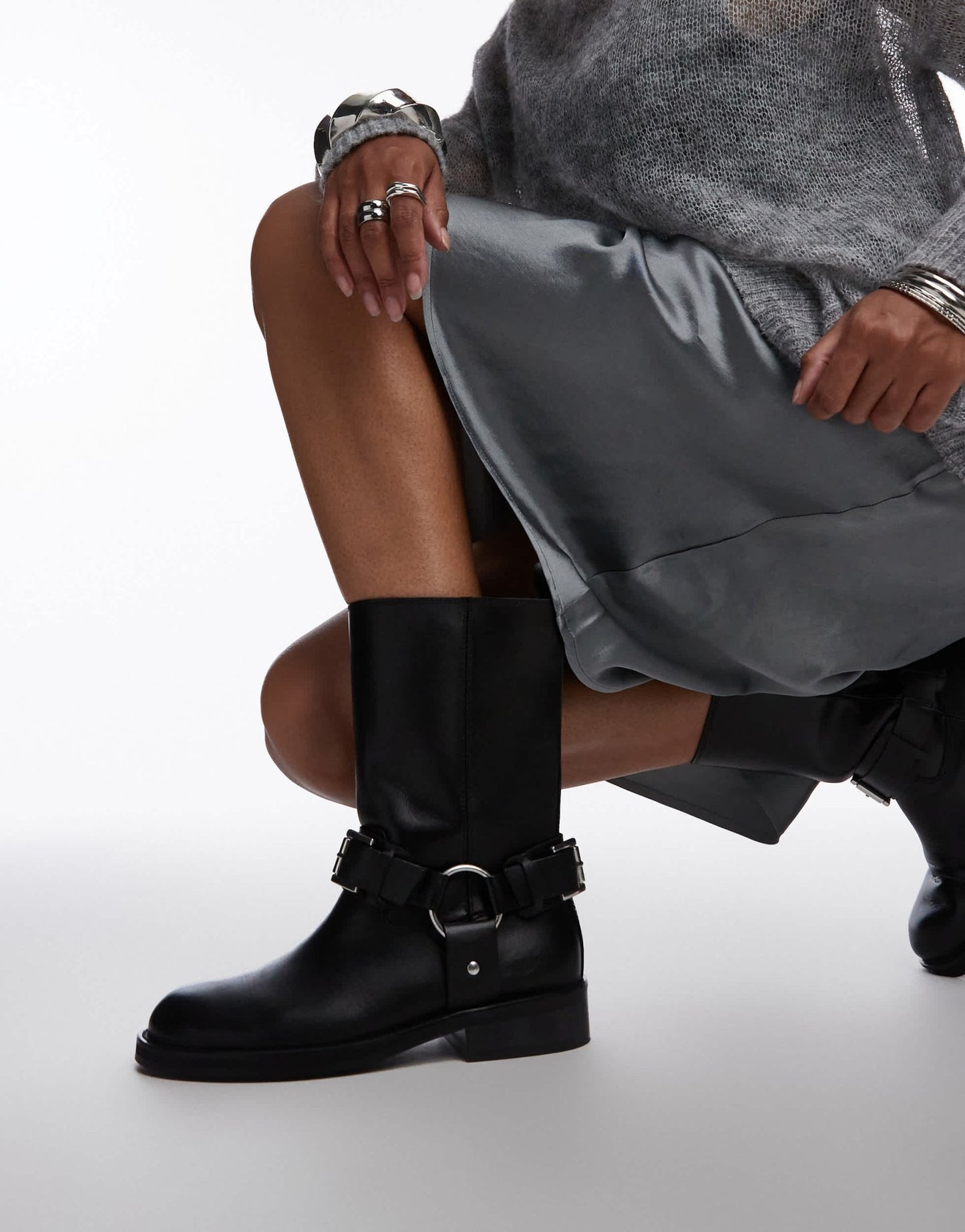Topshop Leam premium leather biker boots in black - ASOS Sample Sale