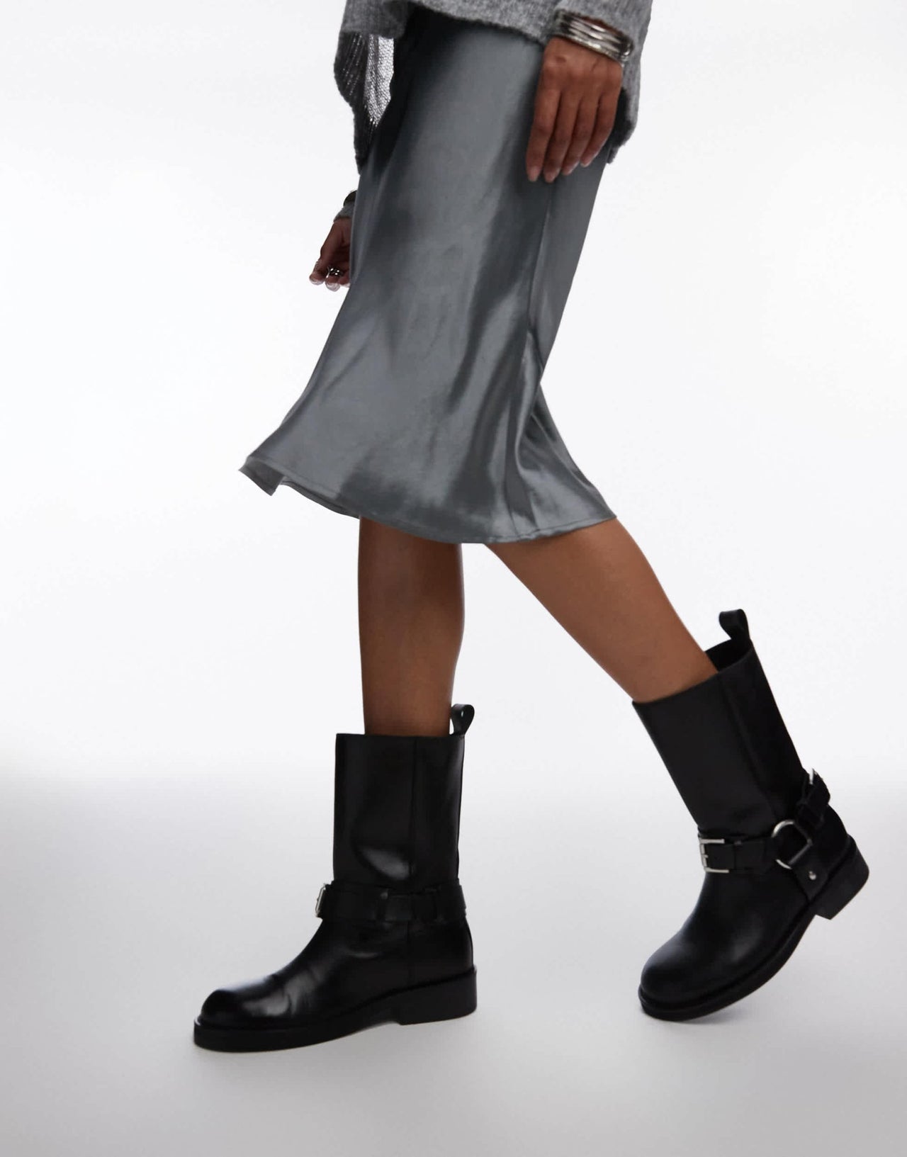 Topshop Leam premium leather biker boots in black - ASOS Sample Sale