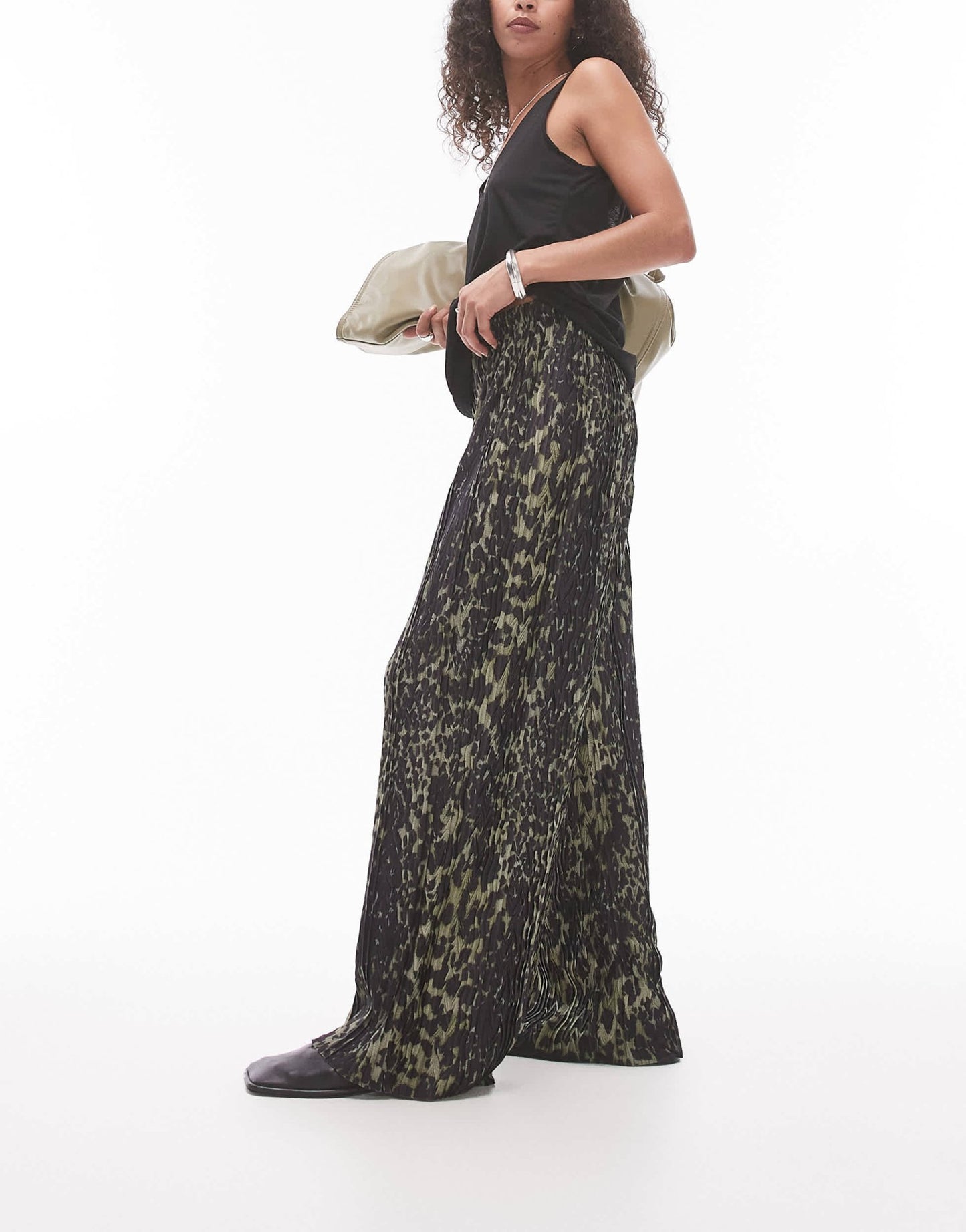 Topshop leopard plisse trouser in khaki - ASOS Sample Sale