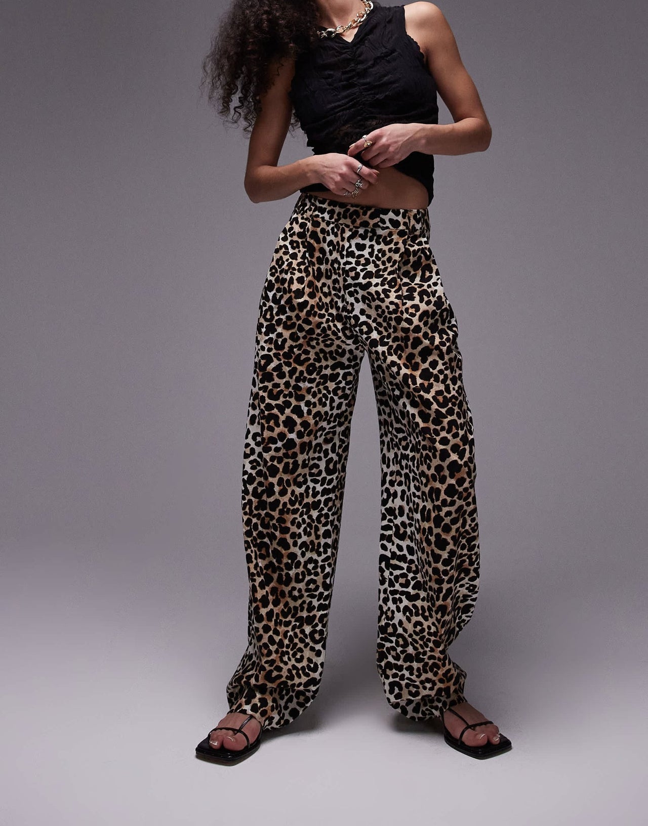Topshop leopard print linen pleated wide leg trouser in multi - ASOS Sample Sale
