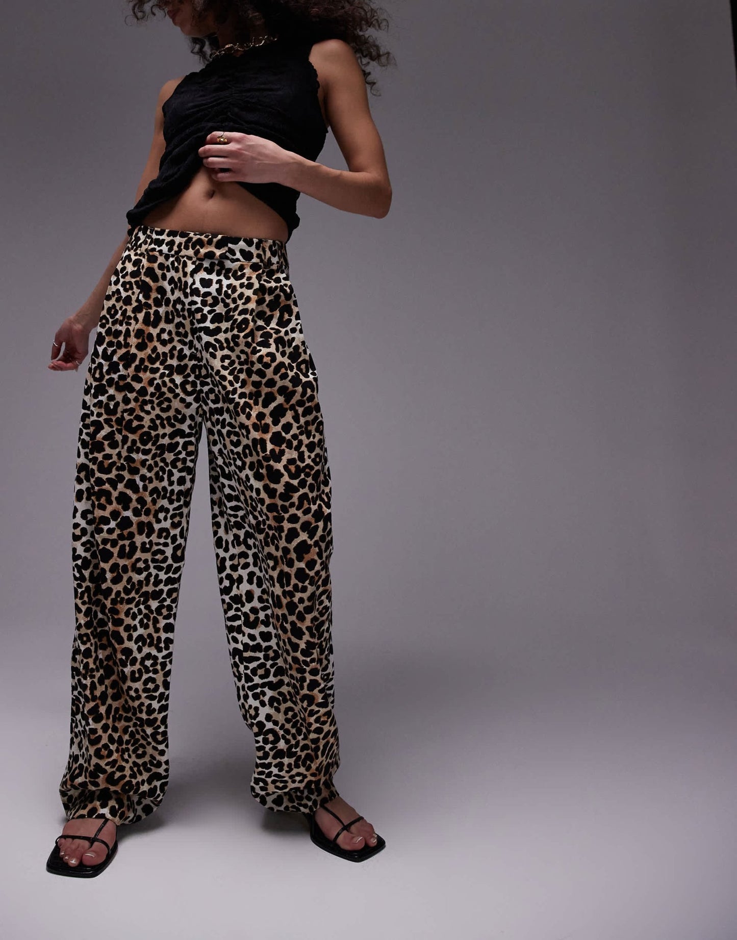 Topshop leopard print linen pleated wide leg trouser in multi - ASOS Sample Sale