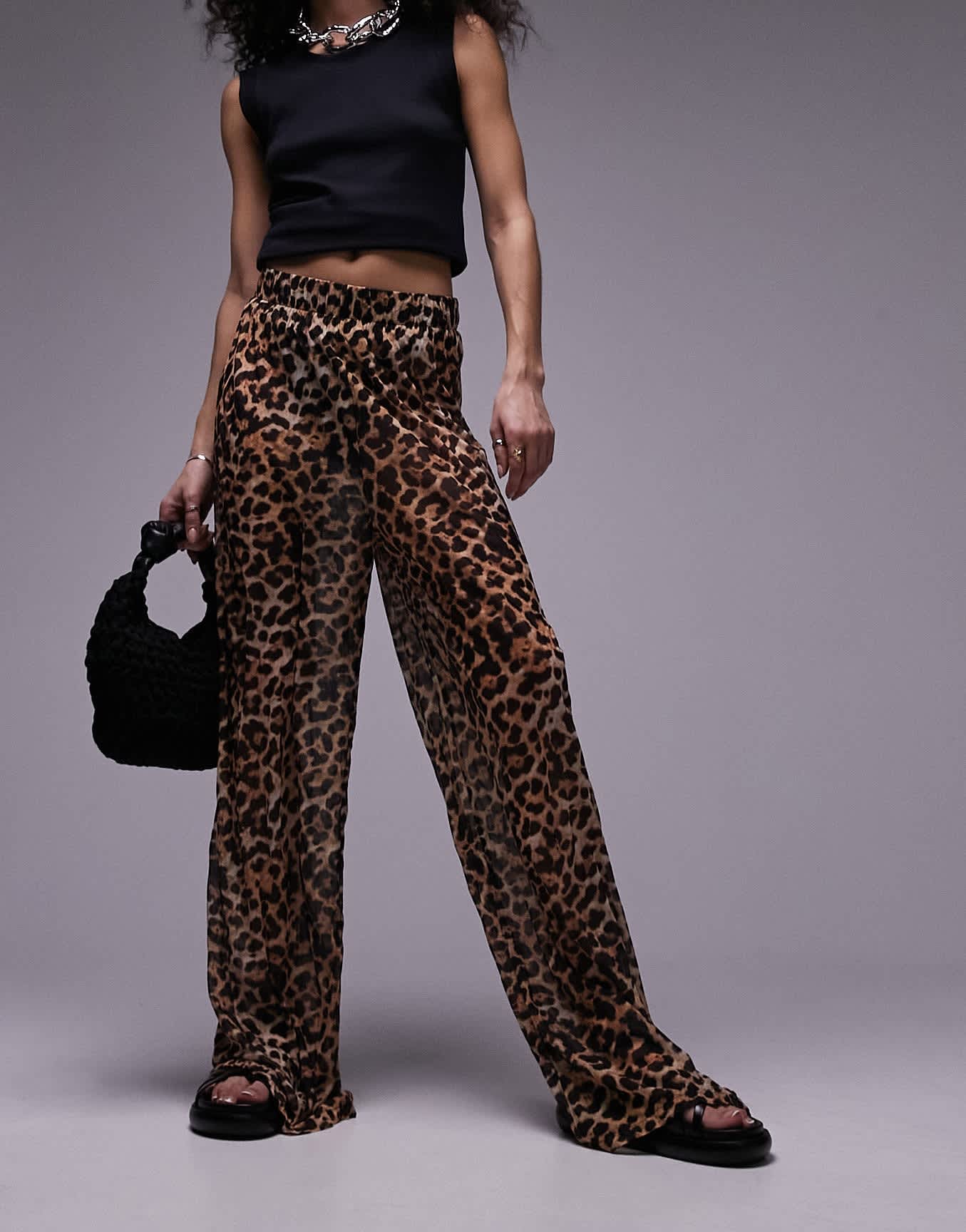 Topshop leopard print sheer crinkle trouser in brown - ASOS Sample Sale