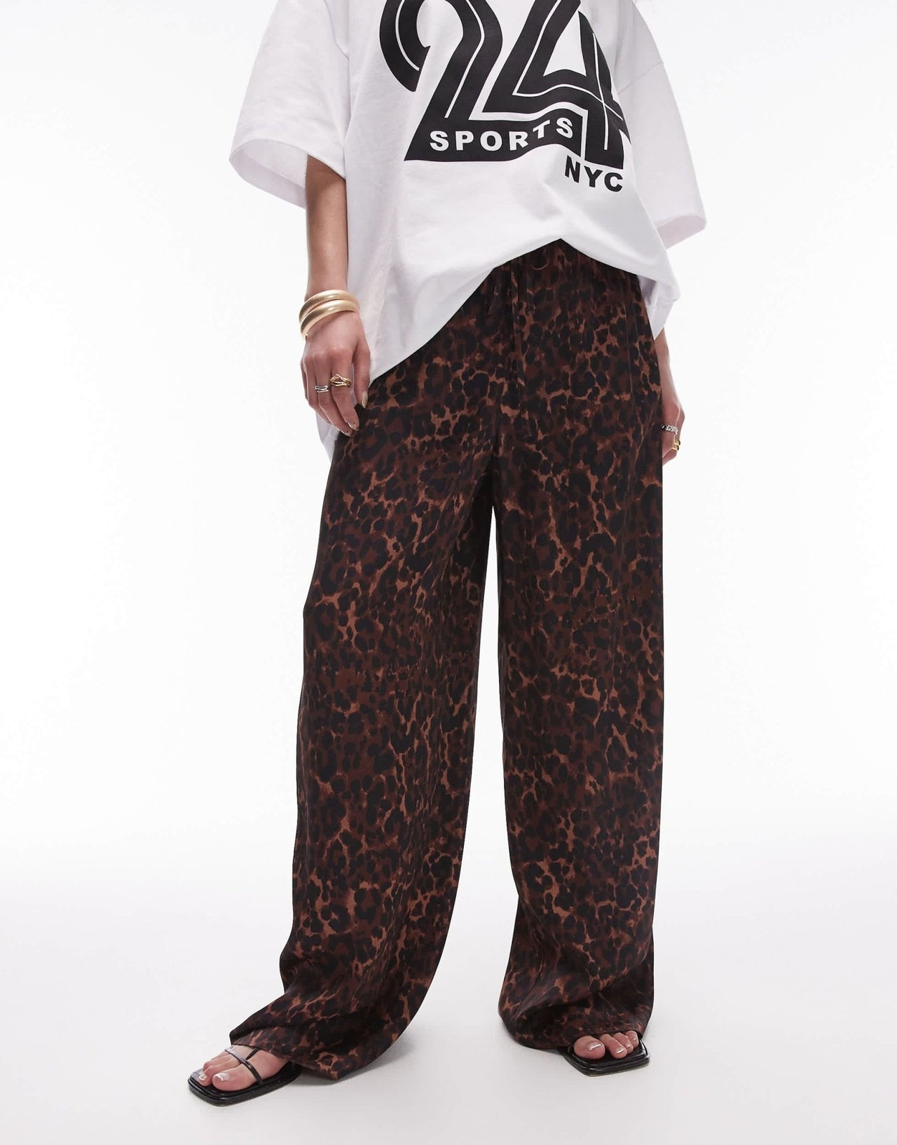 Topshop leopard printed satin straight leg tie waist trouser in dark leopard - ASOS Sample Sale