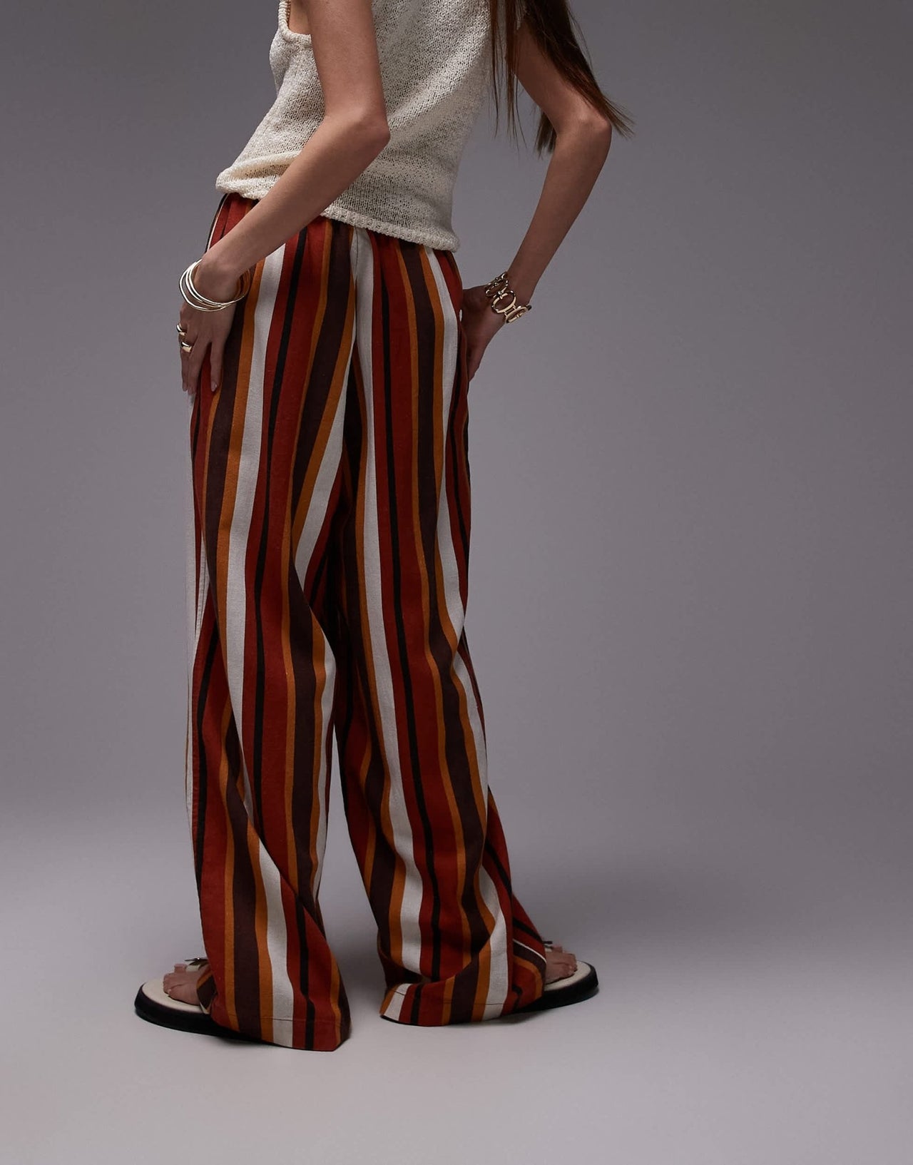 Topshop linen balloon trouser in chocolate stripe - ASOS Sample Sale