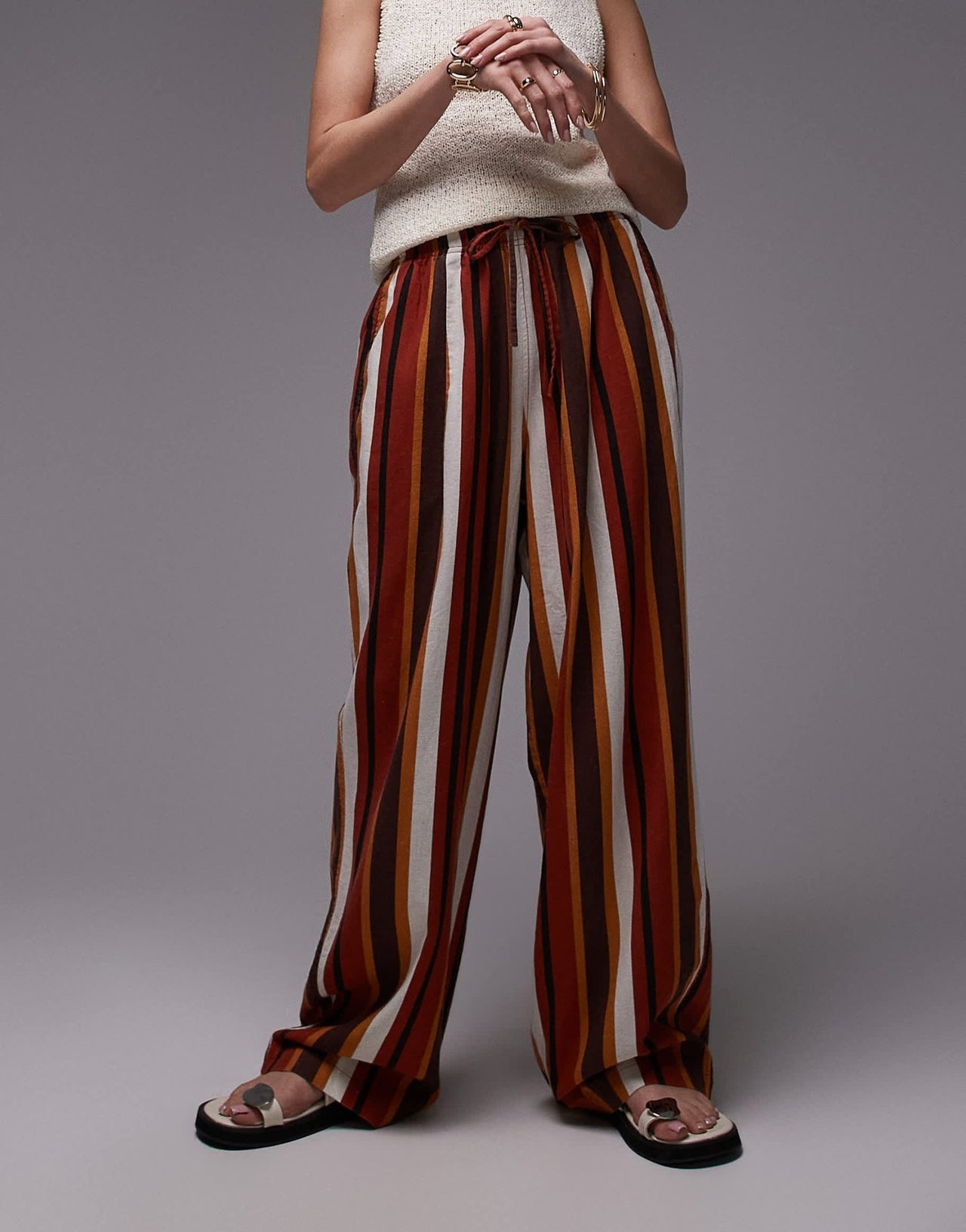 Topshop linen balloon trouser in chocolate stripe - ASOS Sample Sale