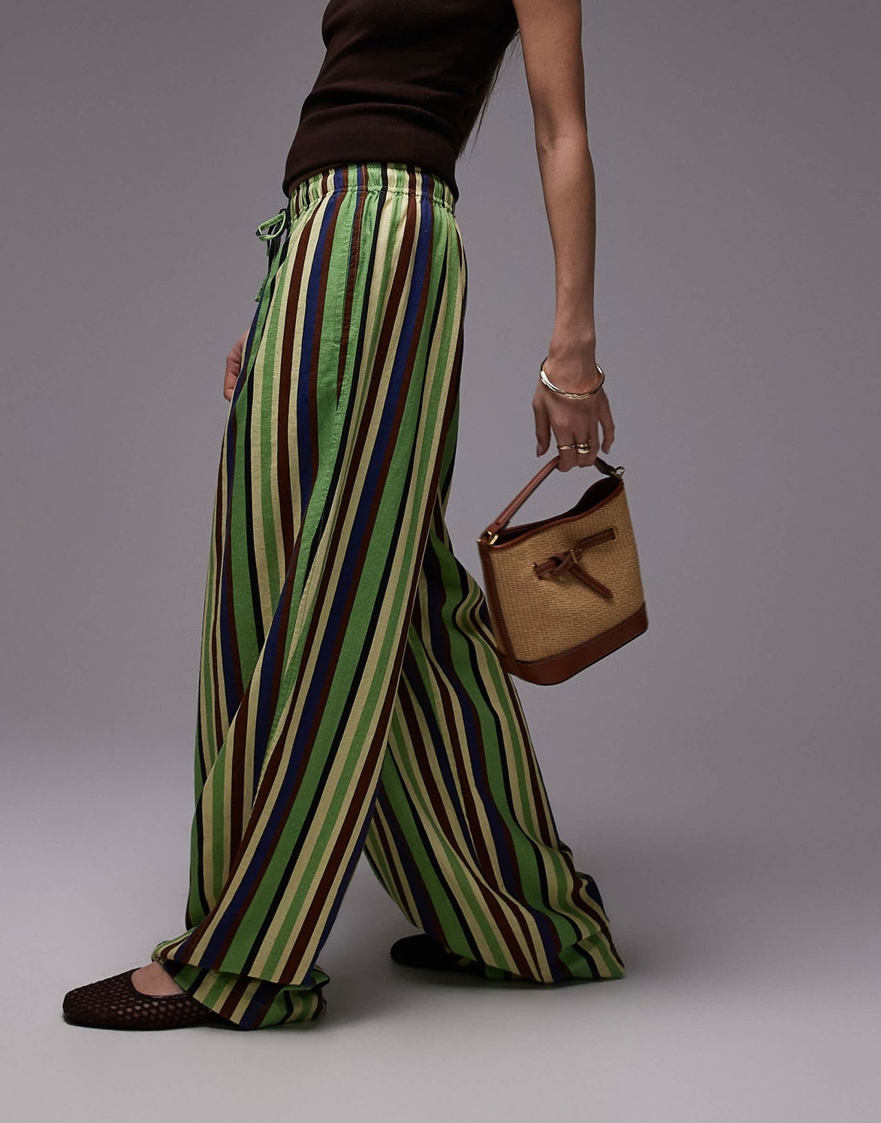 Topshop linen balloon trouser in green variegated stripe - ASOS Sample Sale