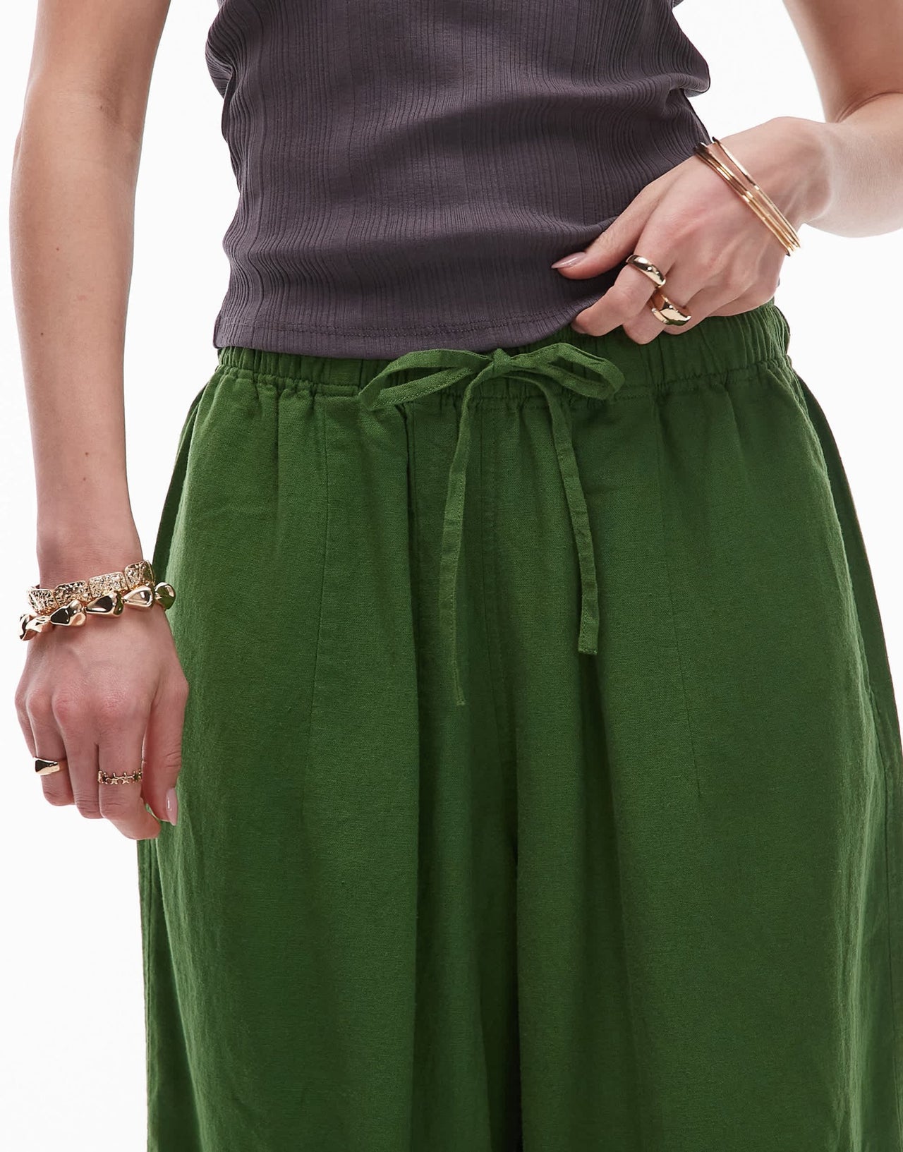Topshop linen balloon trouser in olive green - ASOS Sample Sale