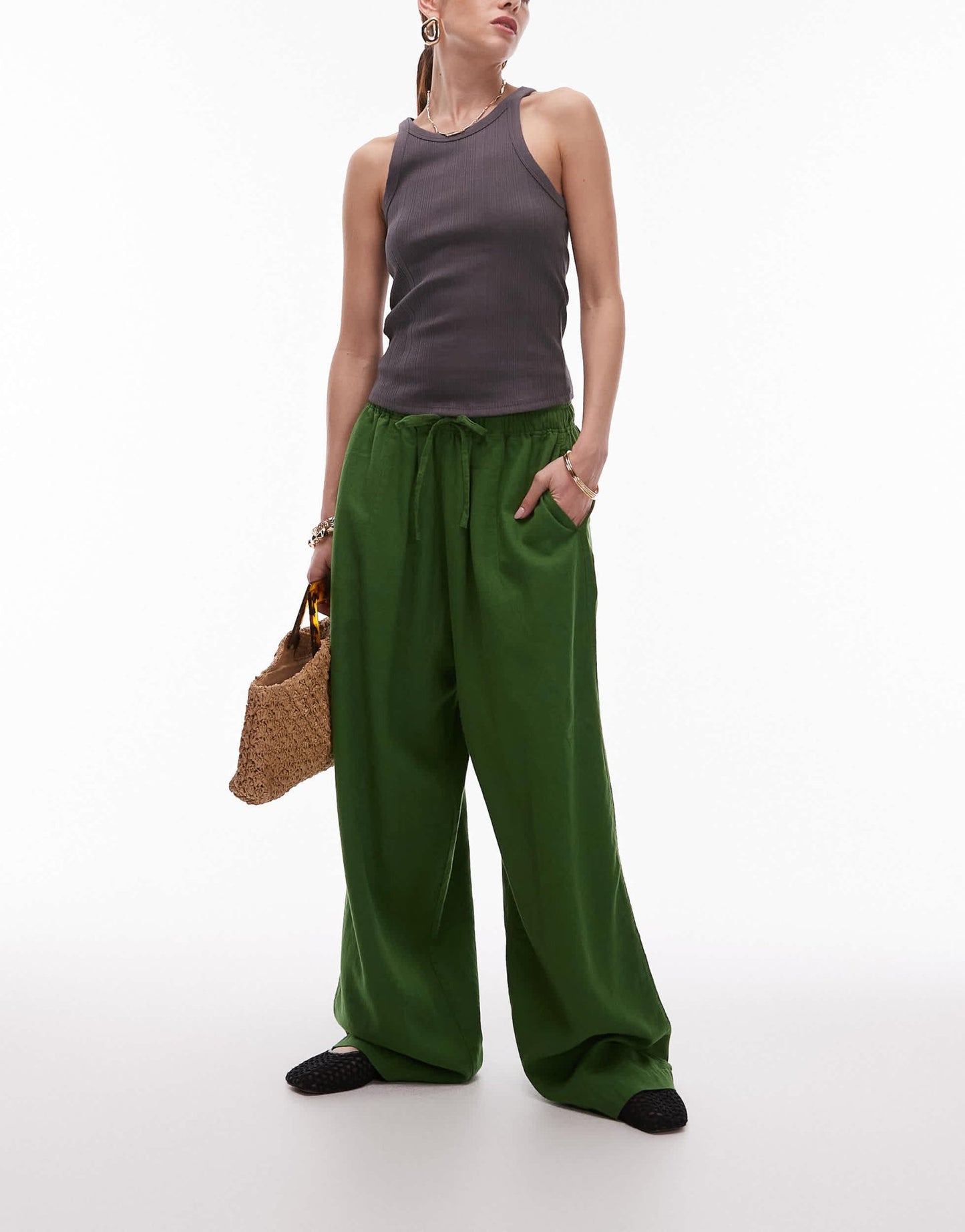 Topshop linen balloon trouser in olive green - ASOS Sample Sale