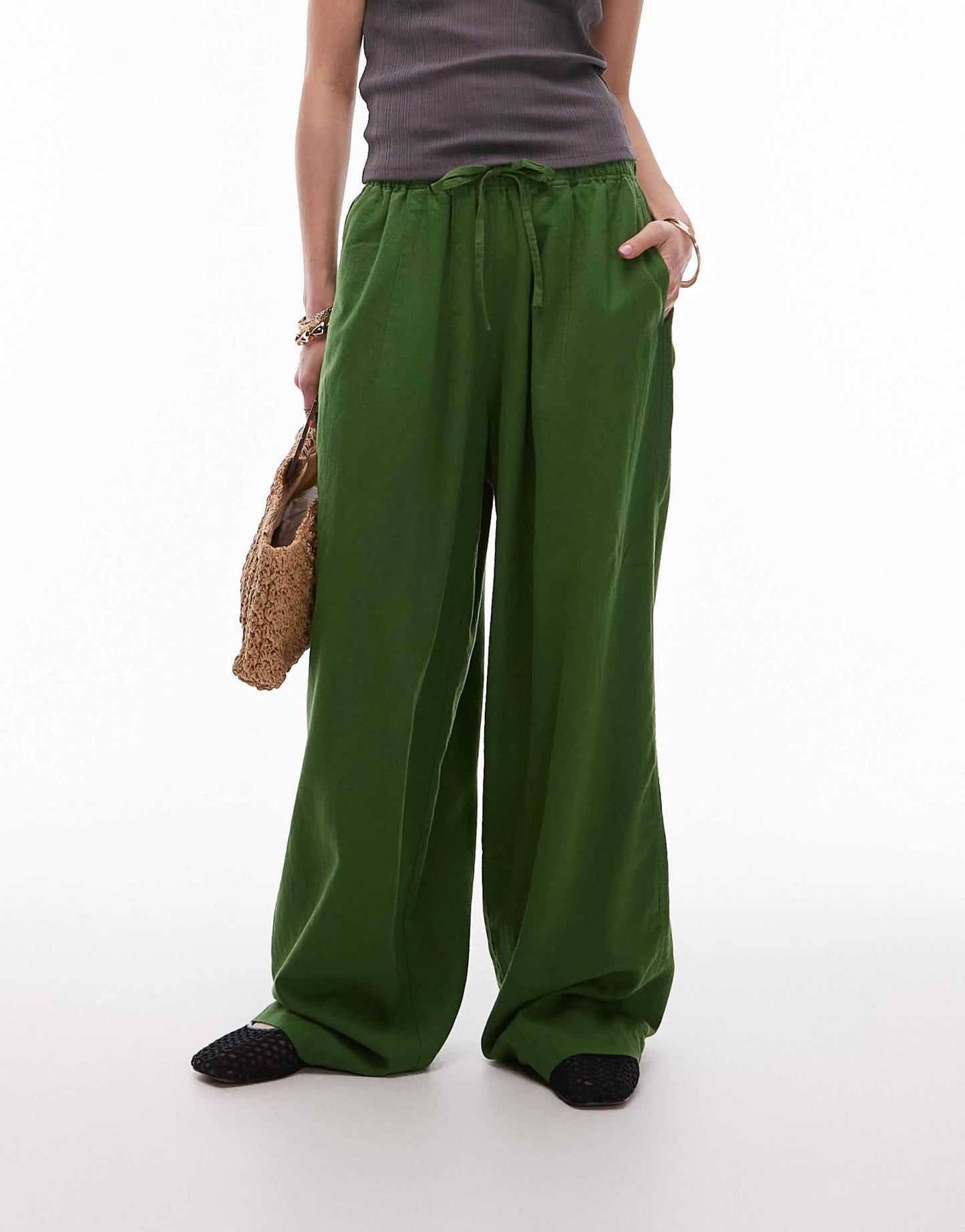 Topshop linen balloon trouser in olive green - ASOS Sample Sale