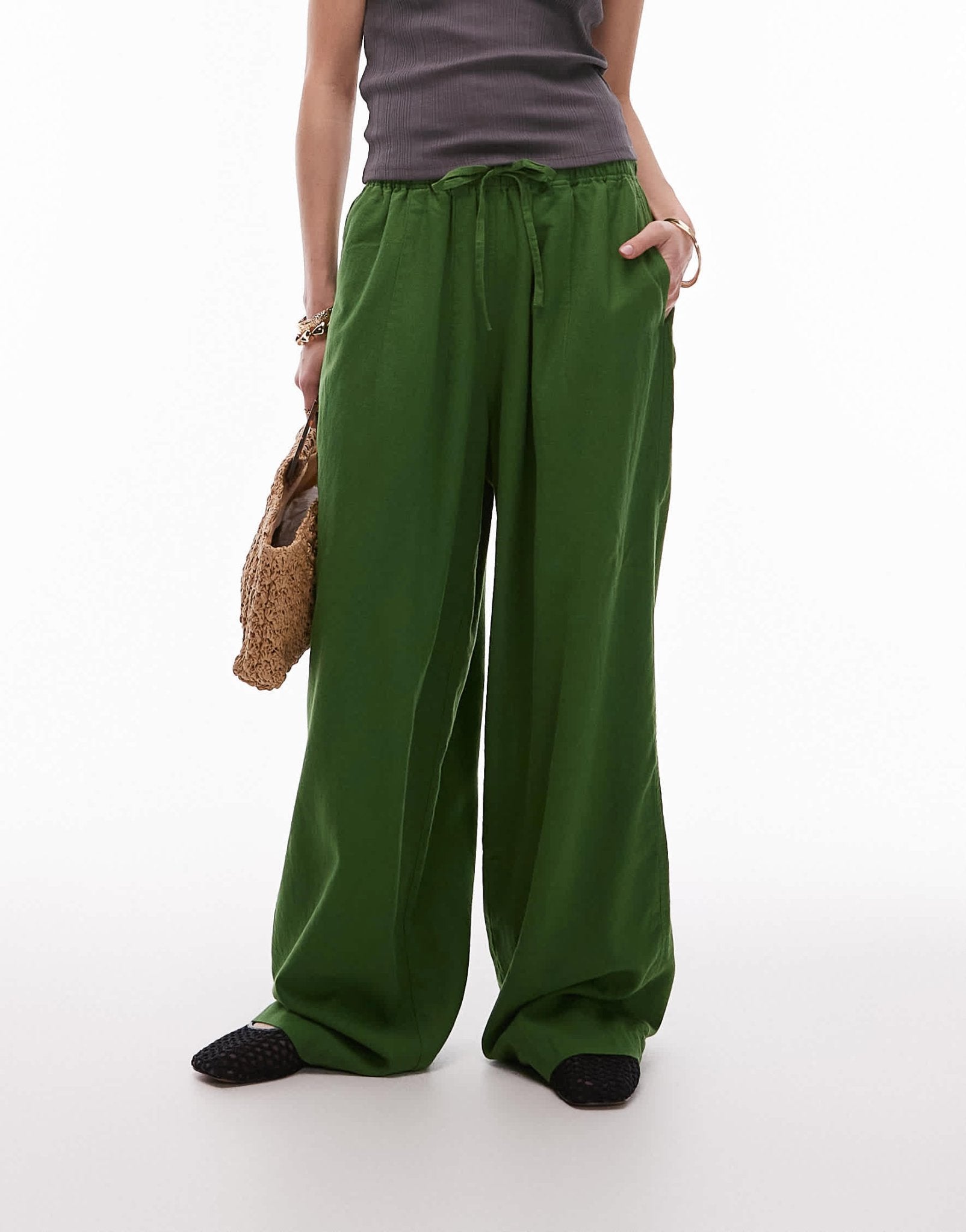 Topshop linen balloon trouser in olive green - ASOS Sample Sale