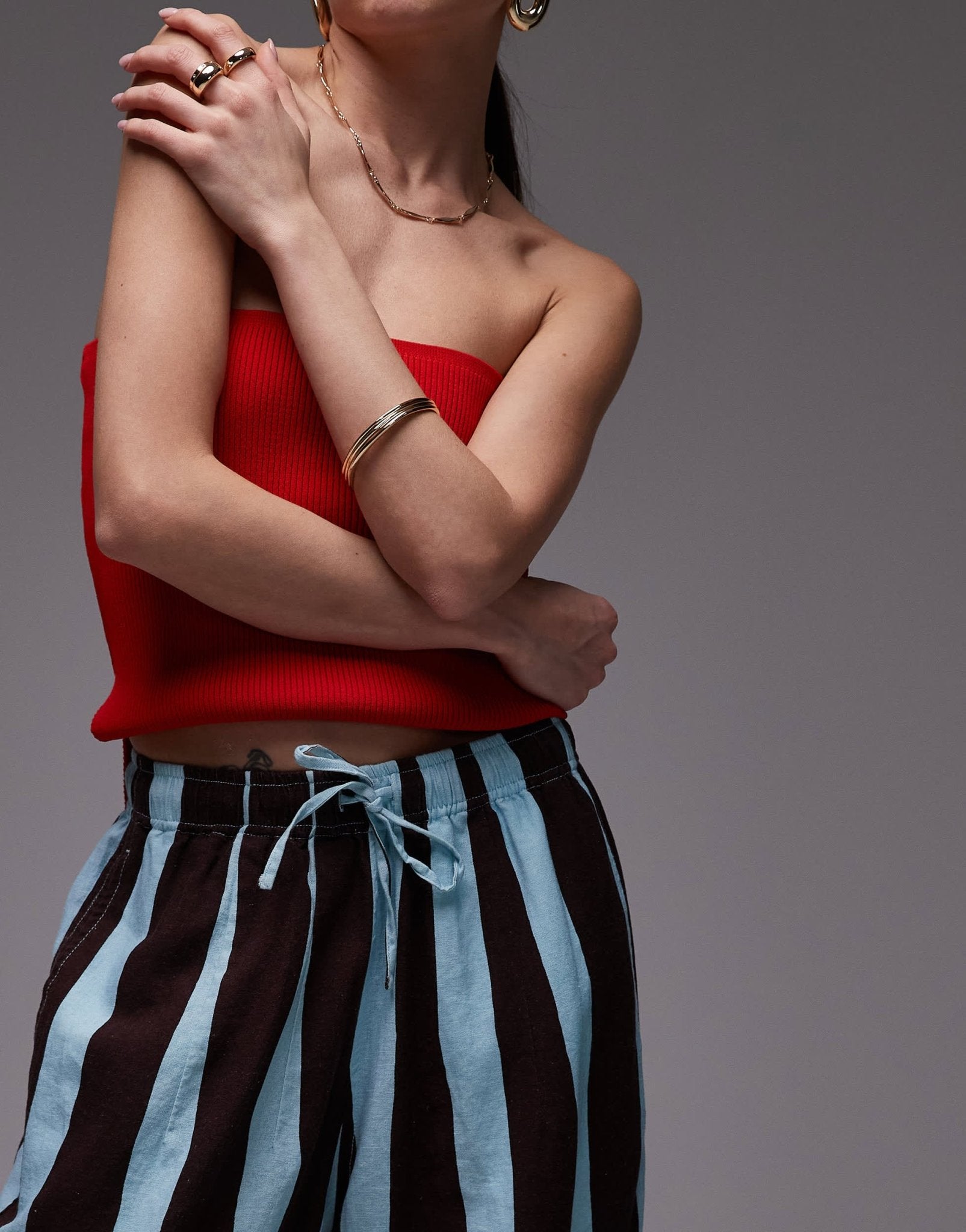 Topshop linen balloon trouser in turquoise bold stripe - ASOS Sample Sale