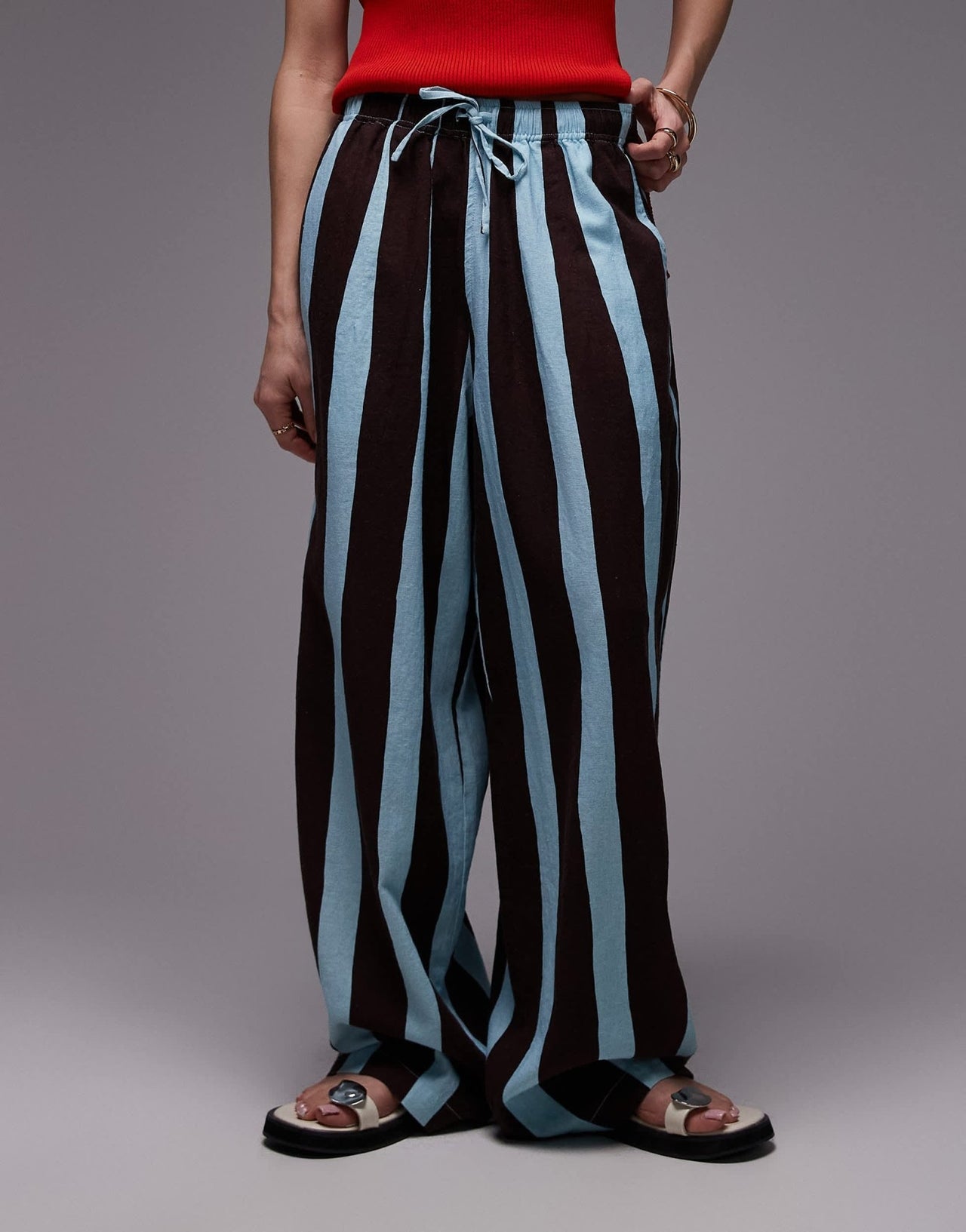 Topshop linen balloon trouser in turquoise bold stripe - ASOS Sample Sale