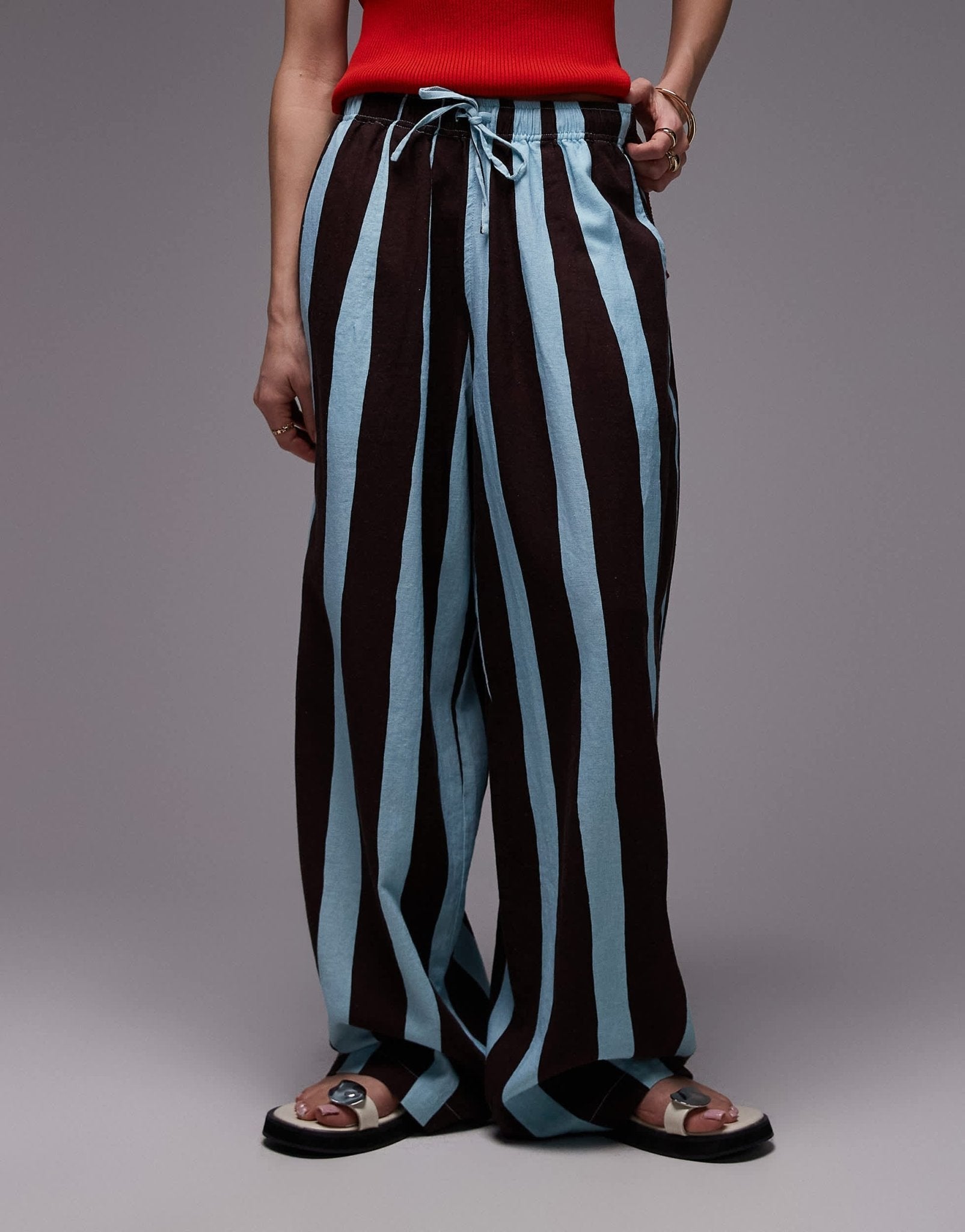 Topshop linen balloon trouser in turquoise bold stripe - ASOS Sample Sale
