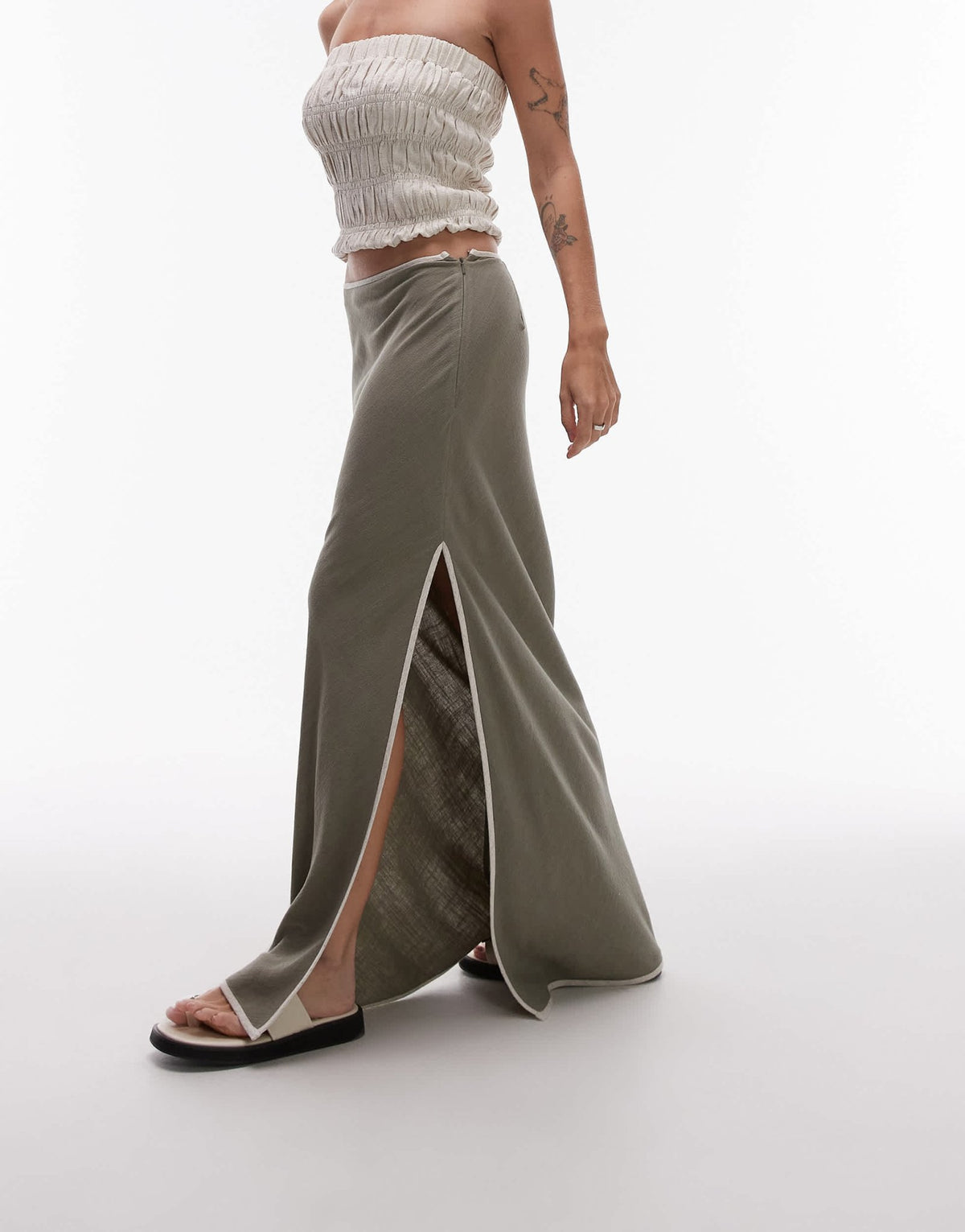 Topshop linen bias maxi skirt in green with contrast piping - ASOS Sample Sale
