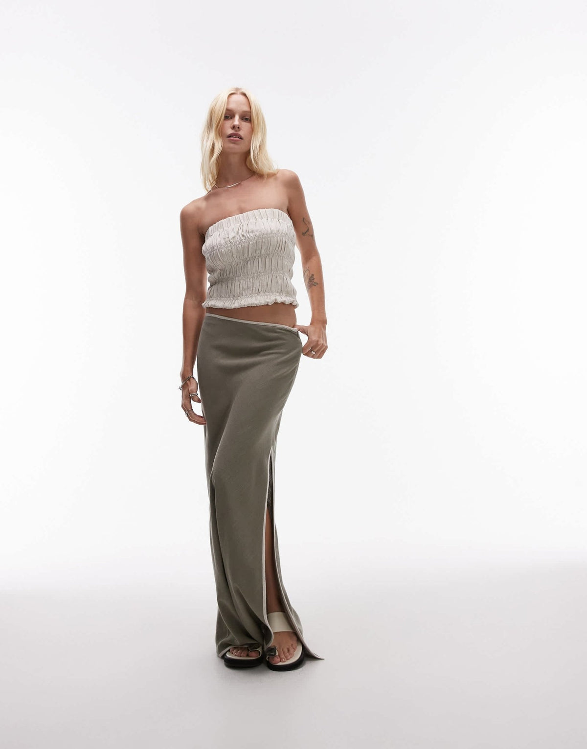 Topshop linen bias maxi skirt in green with contrast piping - ASOS Sample Sale