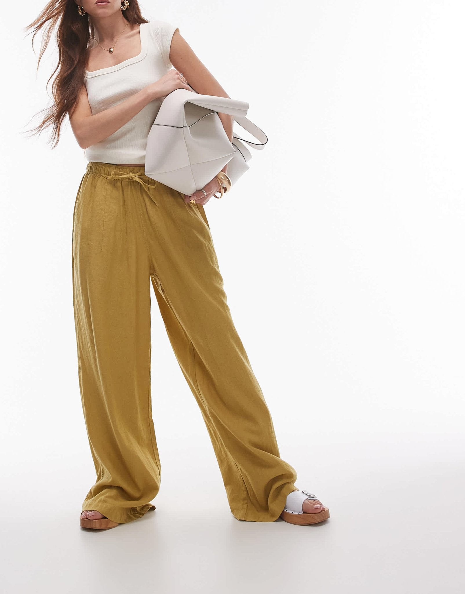 Topshop linen blend balloon trouser in green - ASOS Sample Sale