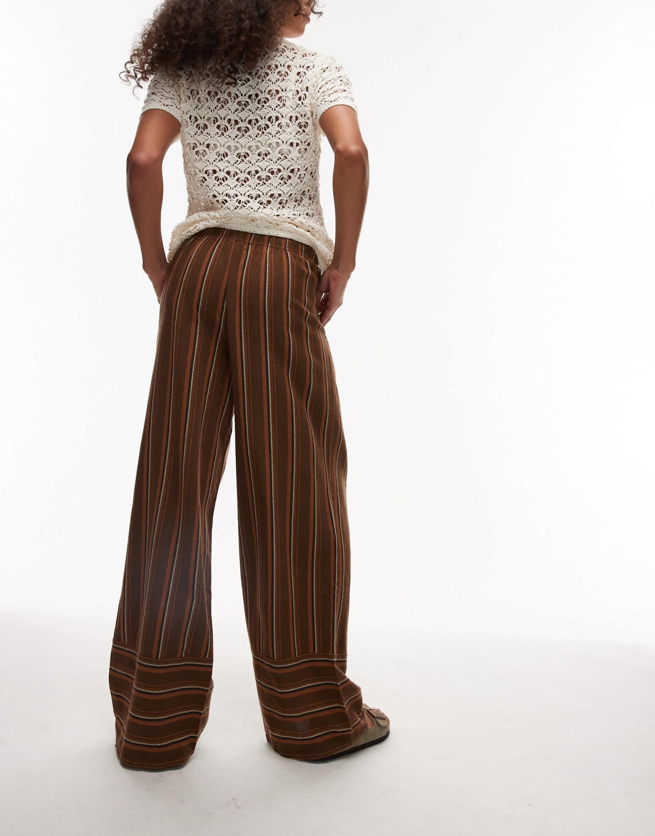 Topshop Linen brown stripe deep cuff straight leg trouser in brown - ASOS Sample Sale