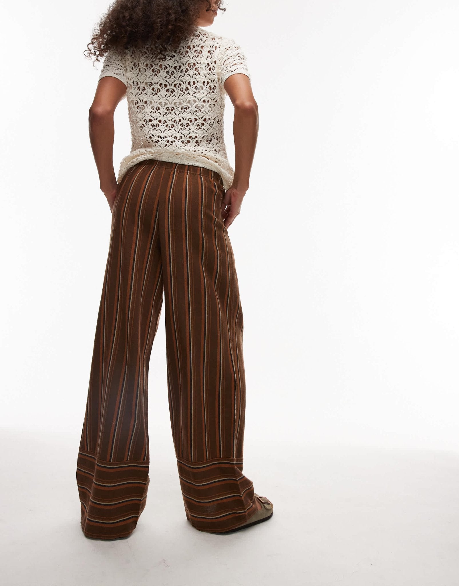 Topshop Linen brown stripe deep cuff straight leg trouser in brown - ASOS Sample Sale
