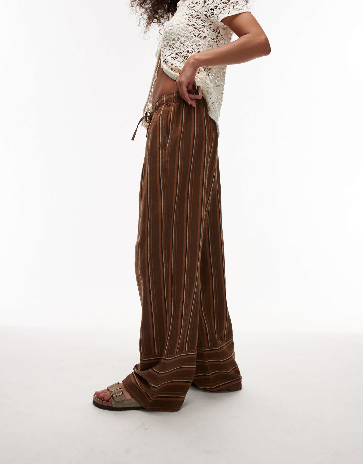 Topshop Linen brown stripe deep cuff straight leg trouser in brown - ASOS Sample Sale