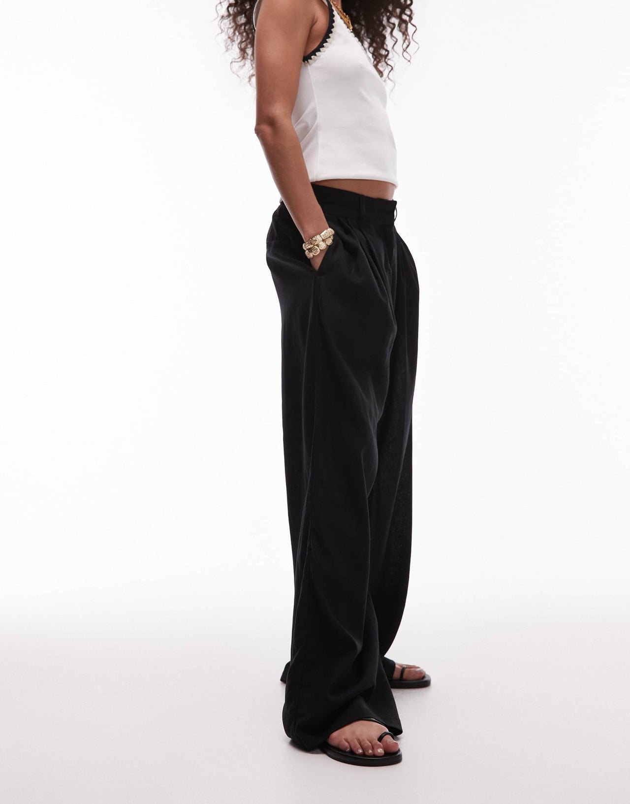 Topshop linen high waist double pleat trouser in black - ASOS Sample Sale
