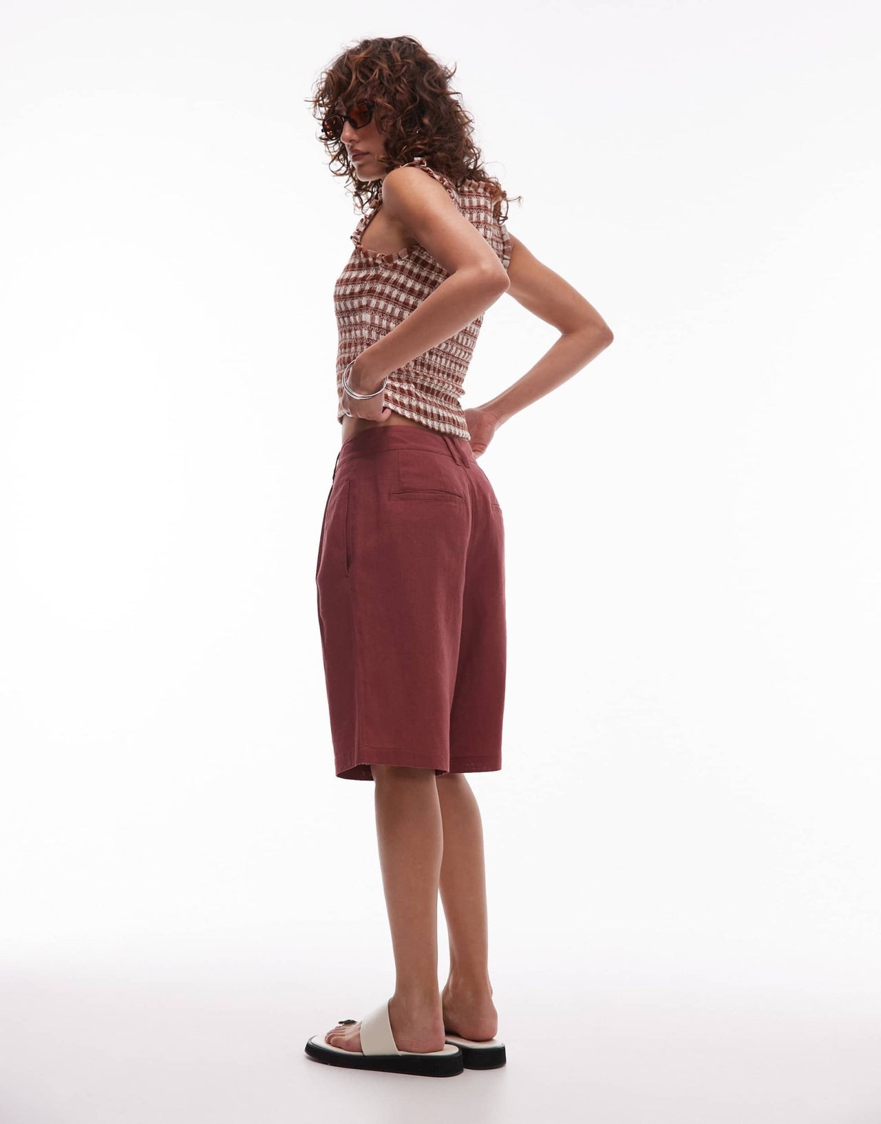 Topshop linen longline short in burgundy - ASOS Sample Sale