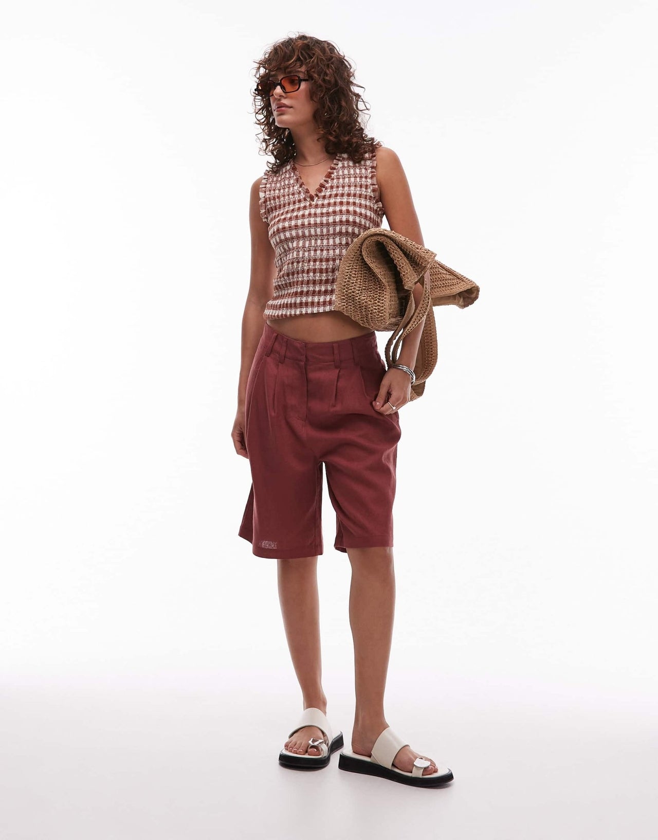 Topshop linen longline short in burgundy - ASOS Sample Sale