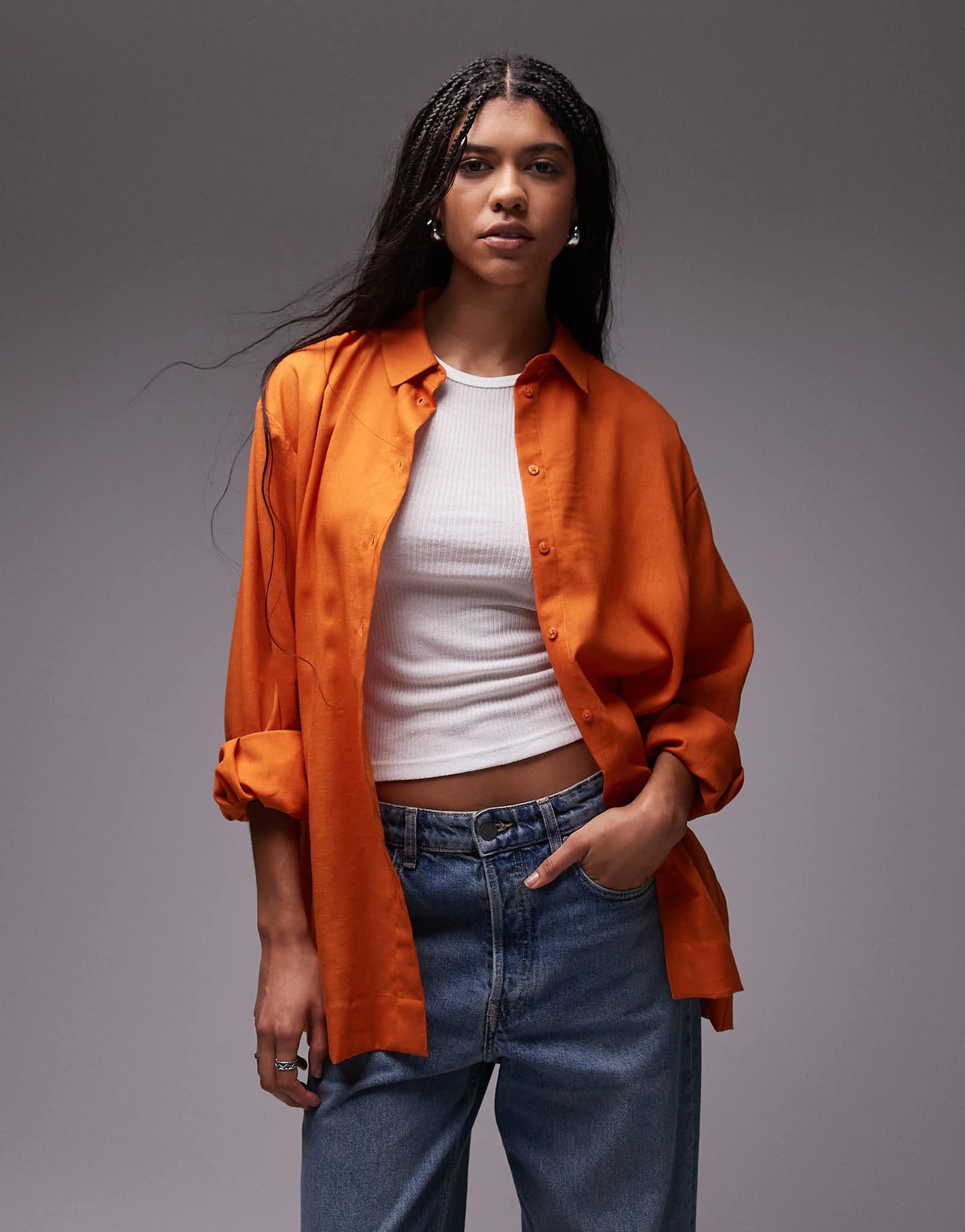 Topshop linen look shirt in orange - ASOS Sample Sale