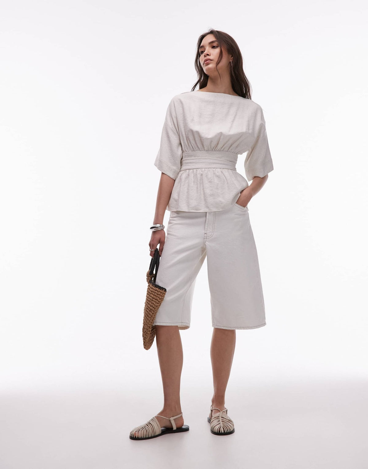 Topshop linen low back dropped waist top in natural - ASOS Sample Sale